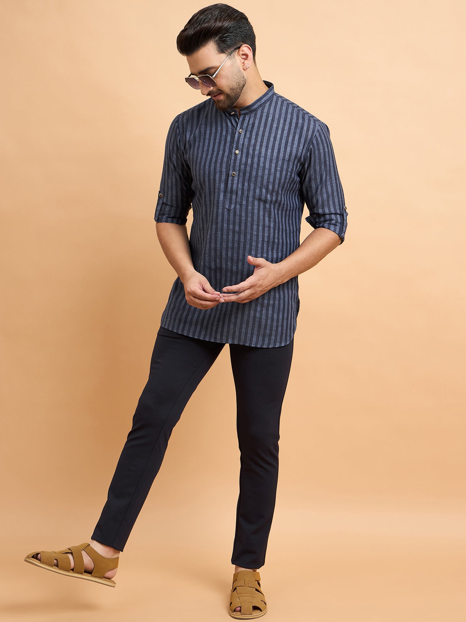 Blue Stripped Cotton Linen Short Kurta Only
