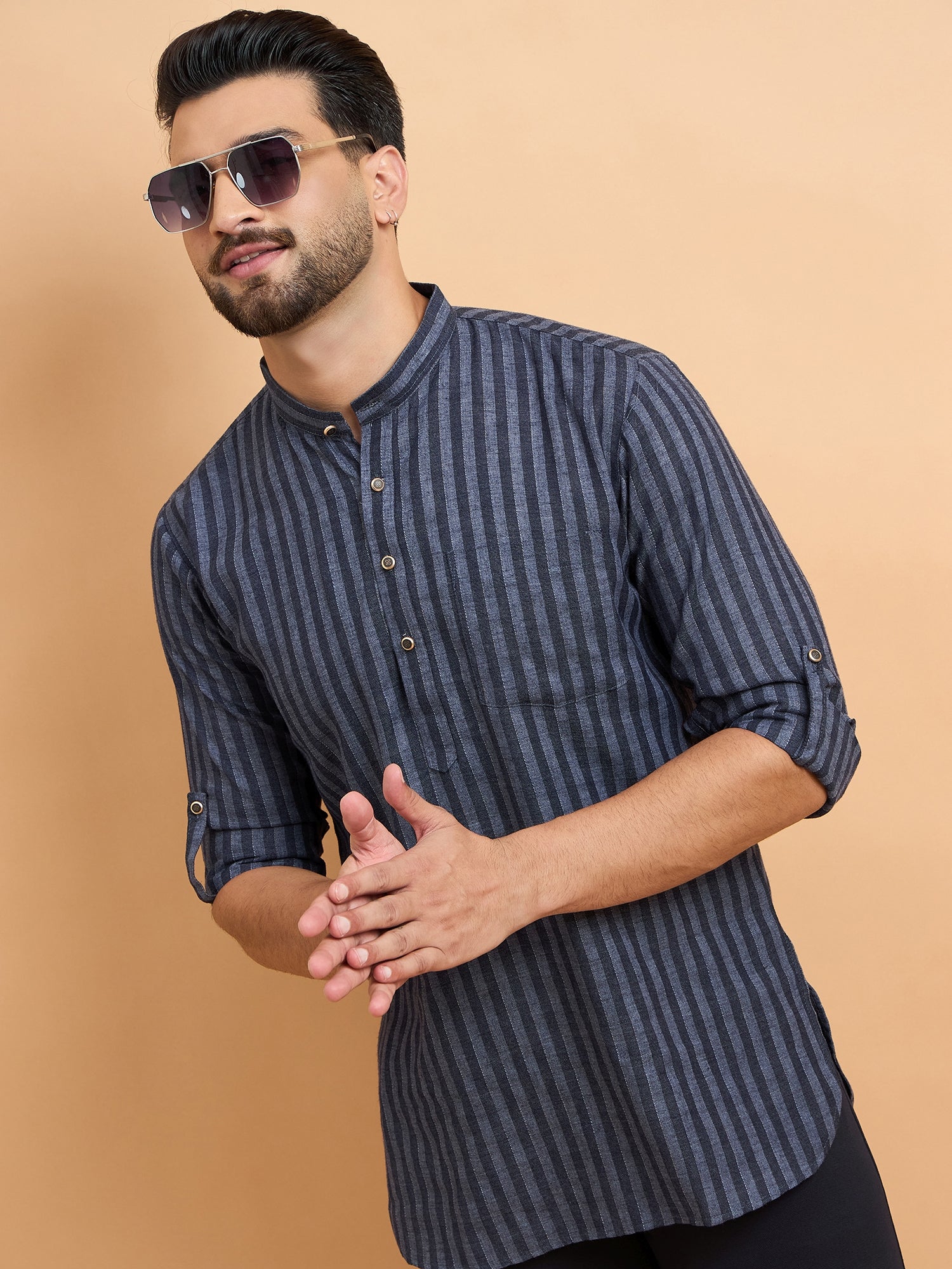 Blue Stripped Cotton Linen Short Kurta Only
