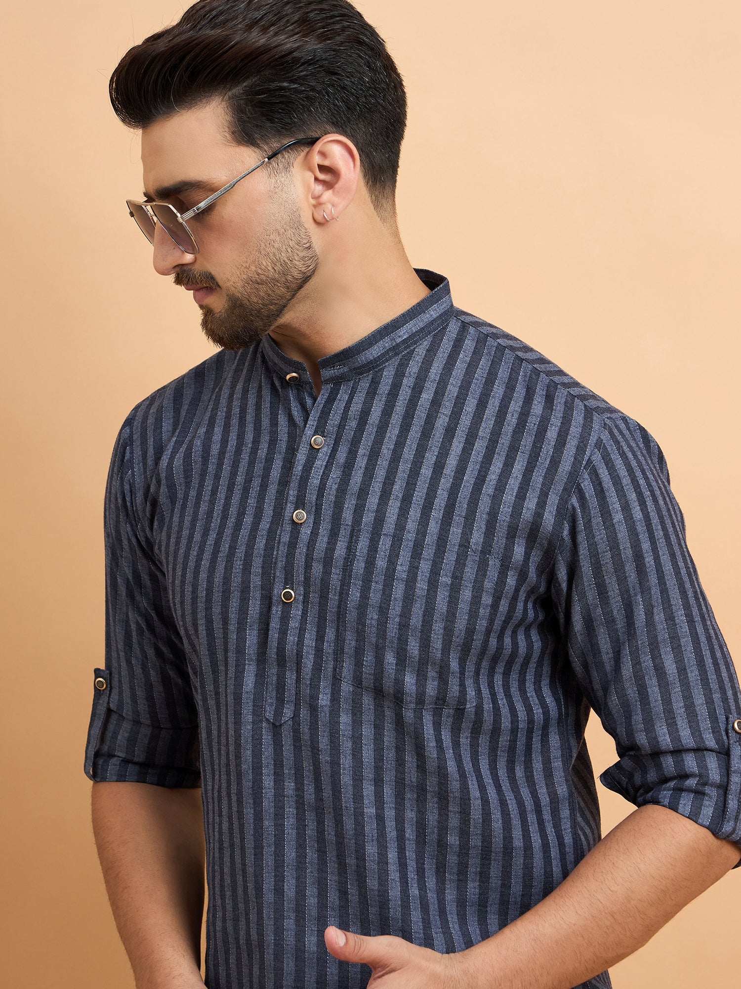 Blue Stripped Cotton Linen Short Kurta Only