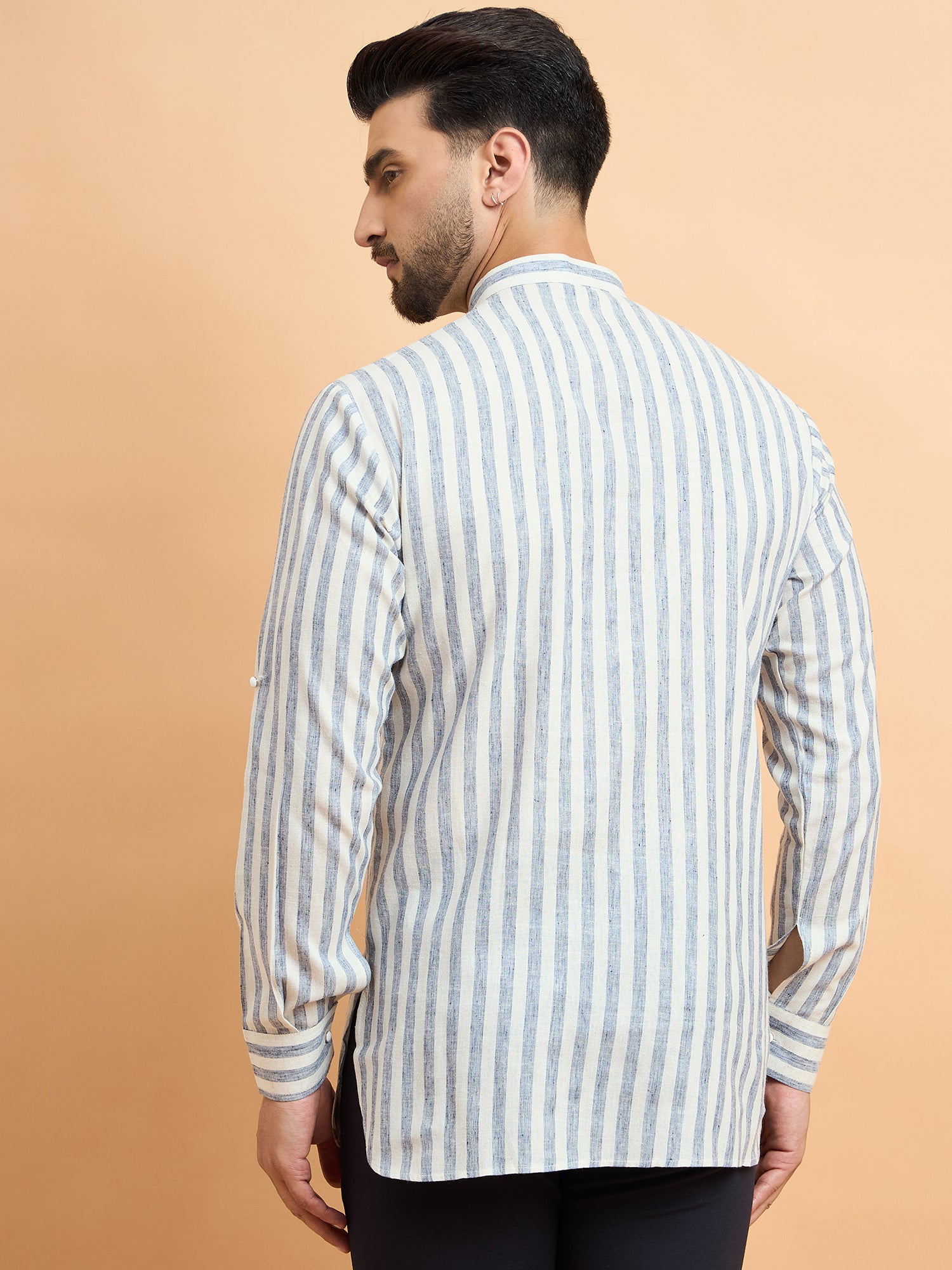 Grey Striped Cotton Linen Short Kurta Only