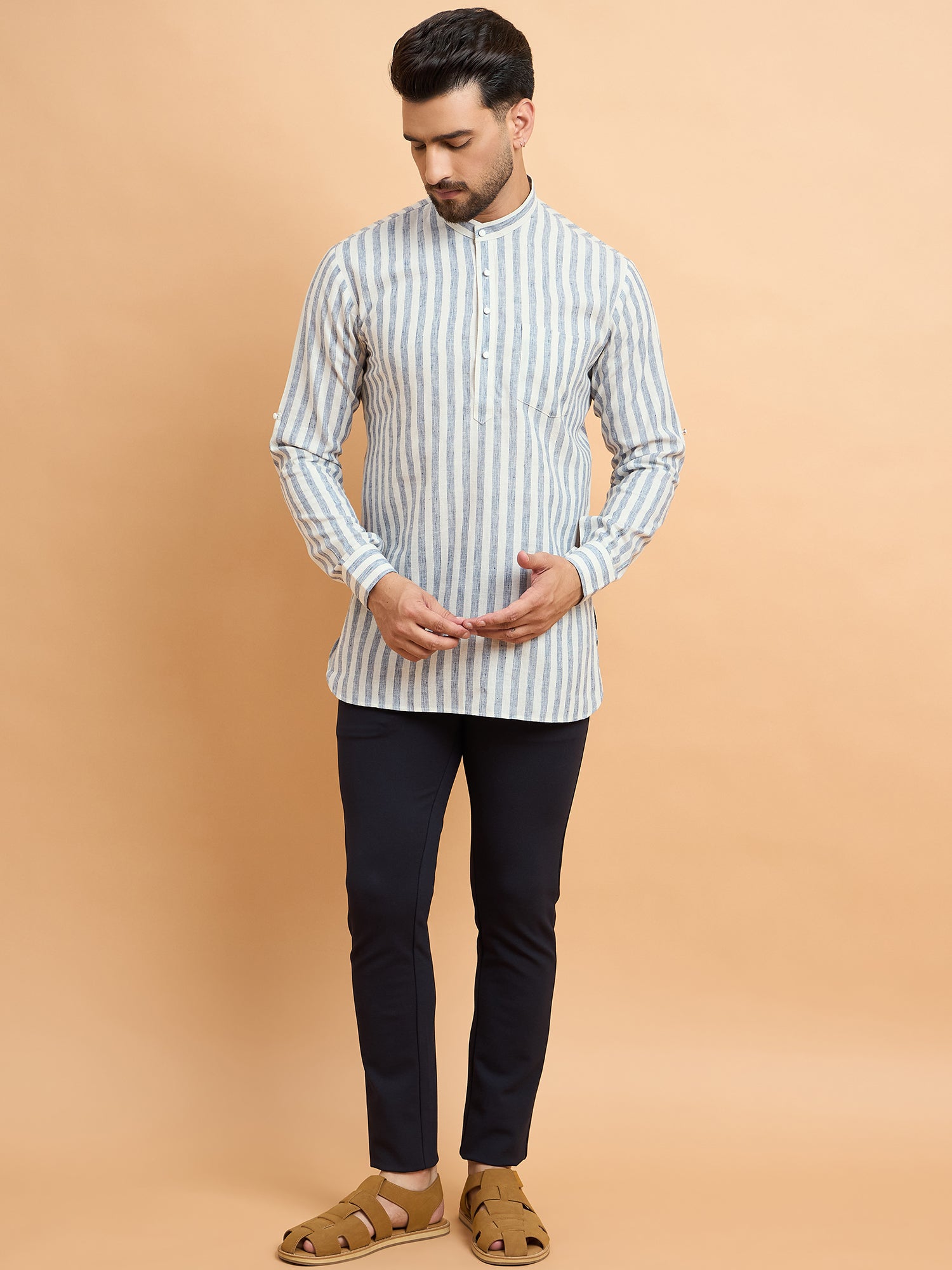 Grey Striped Cotton Linen Short Kurta Only