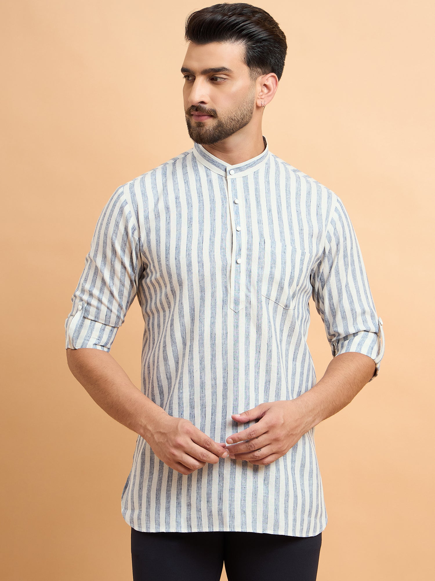 Grey Striped Cotton Linen Short Kurta Only
