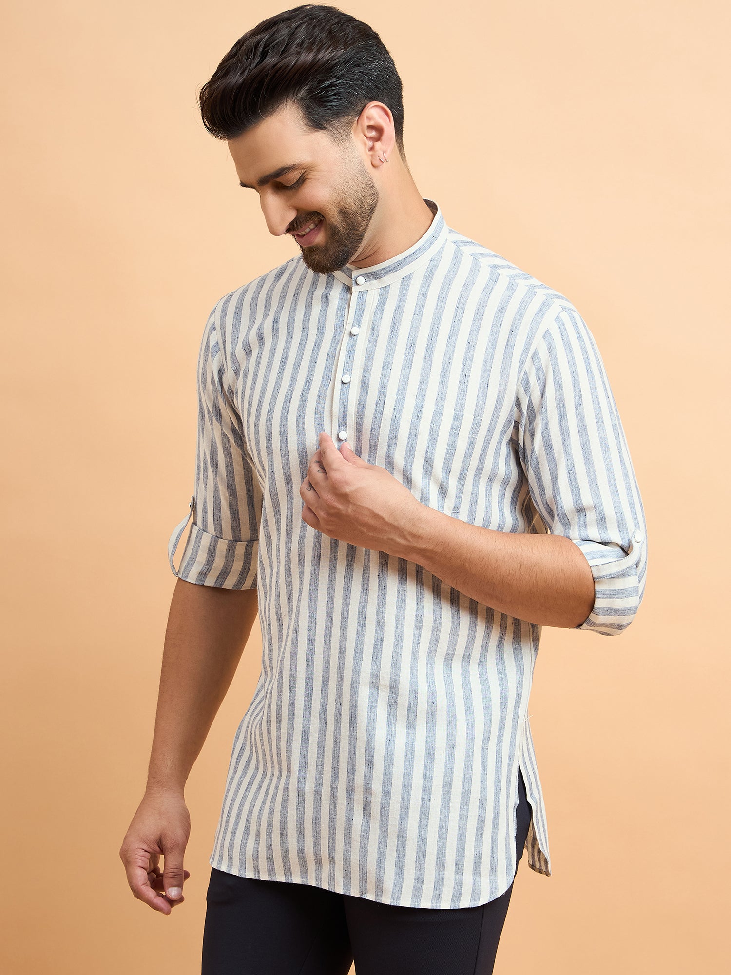Grey Striped Cotton Linen Short Kurta Only