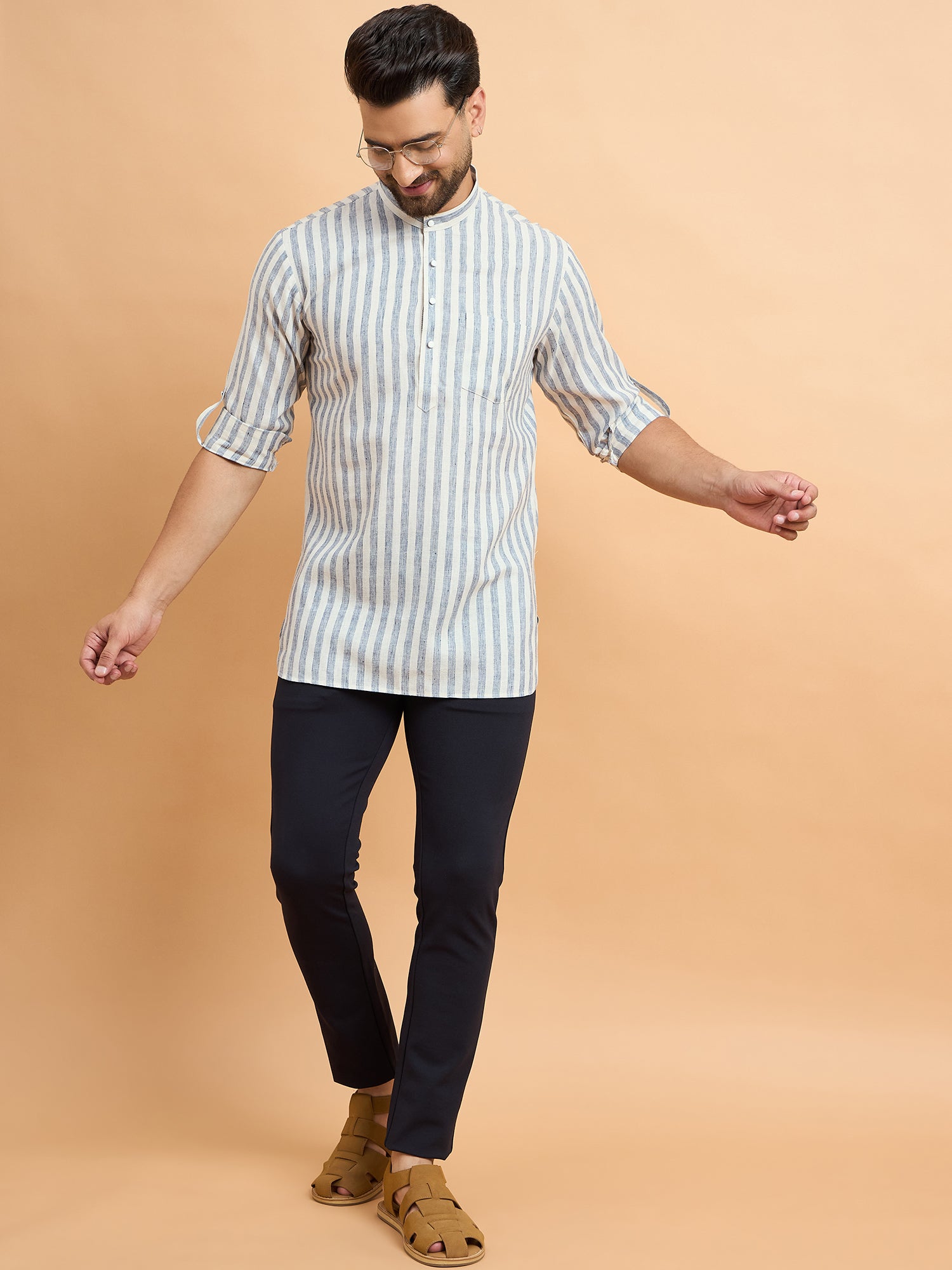 Grey Striped Cotton Linen Short Kurta Only