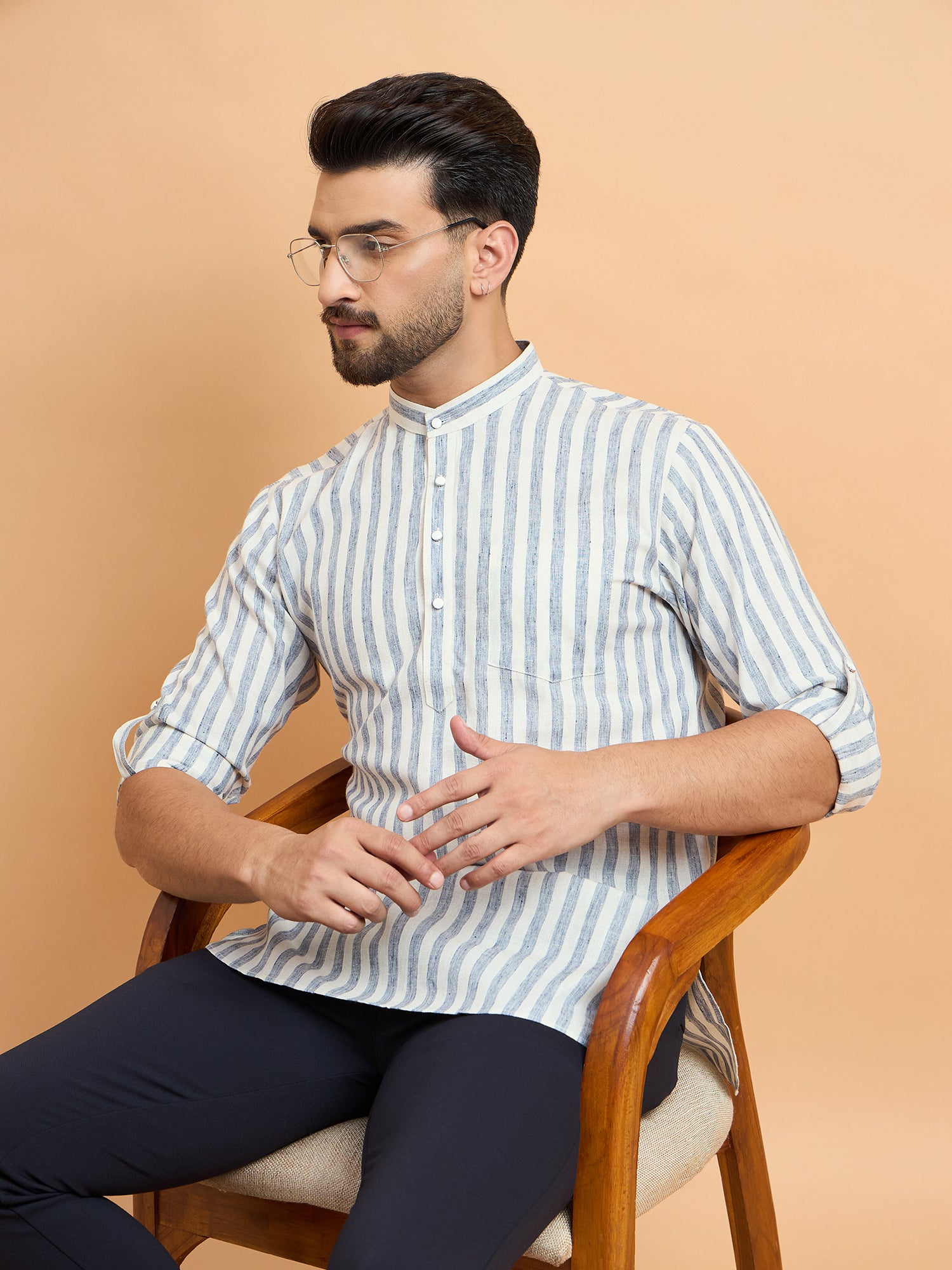 Grey Striped Cotton Linen Short Kurta Only