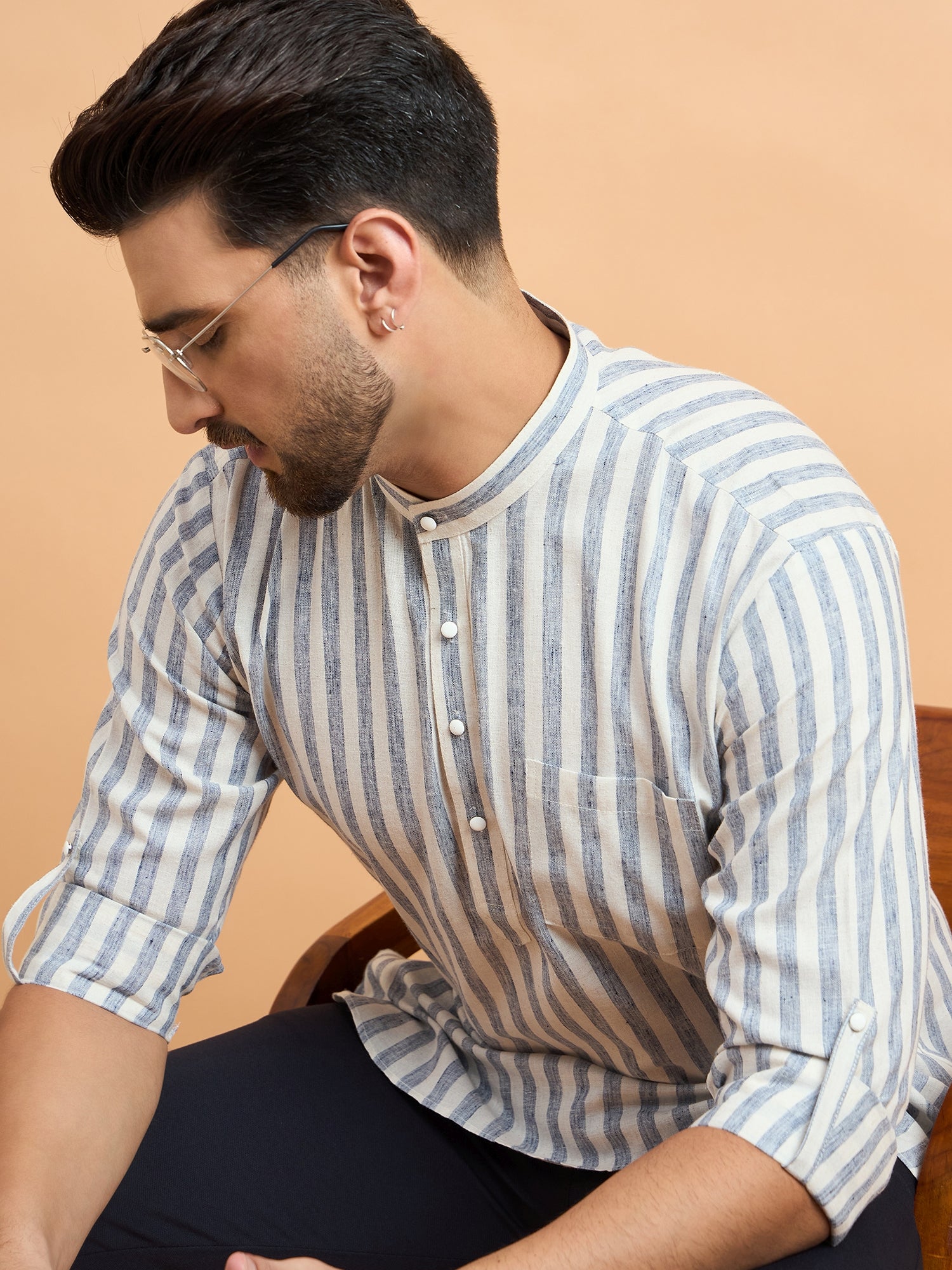 Grey Striped Cotton Linen Short Kurta Only