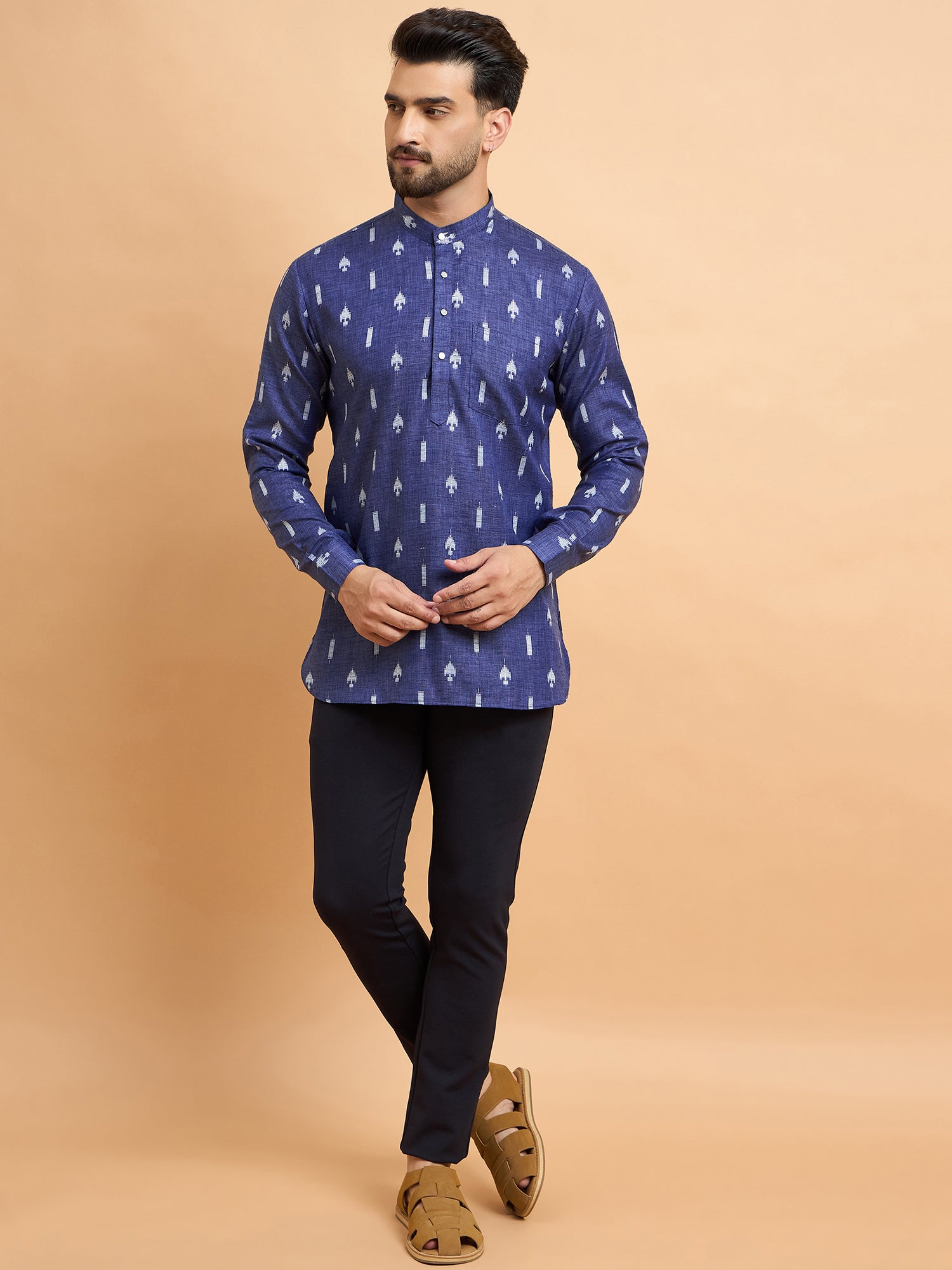 Blue Ikkat Cotton Linen Short Kurta Only