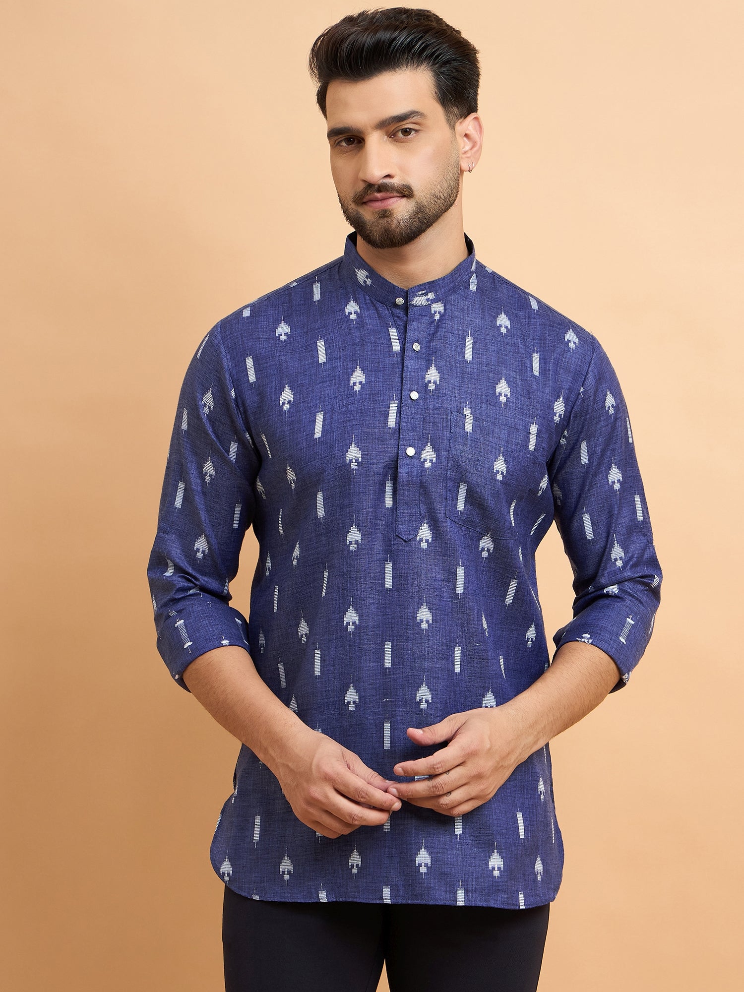 Blue Ikkat Cotton Linen Short Kurta Only