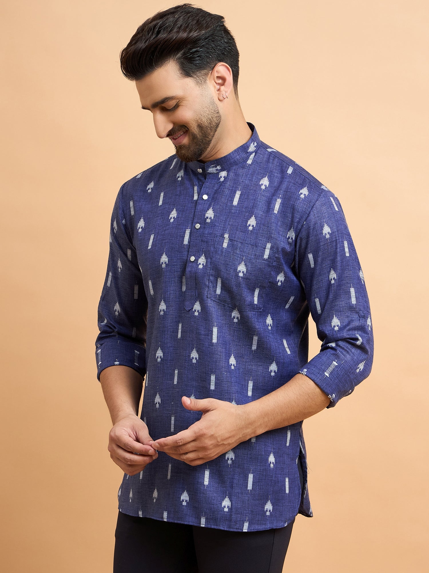 Blue Ikkat Cotton Linen Short Kurta Only