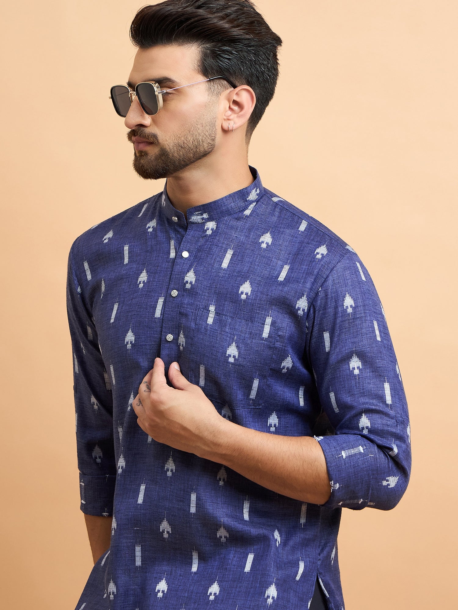 Blue Ikkat Cotton Linen Short Kurta Only