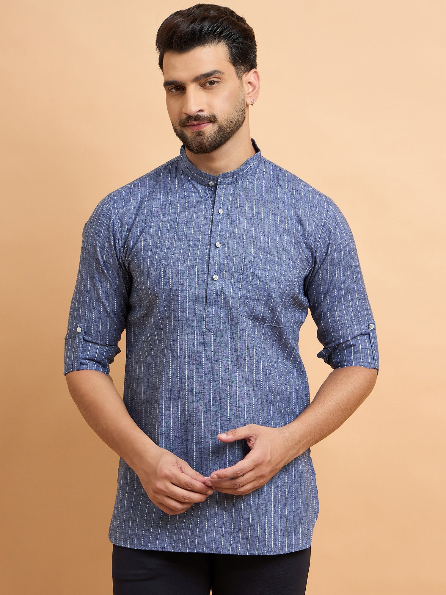Grey Lining Cotton Linen Short Kurta Only