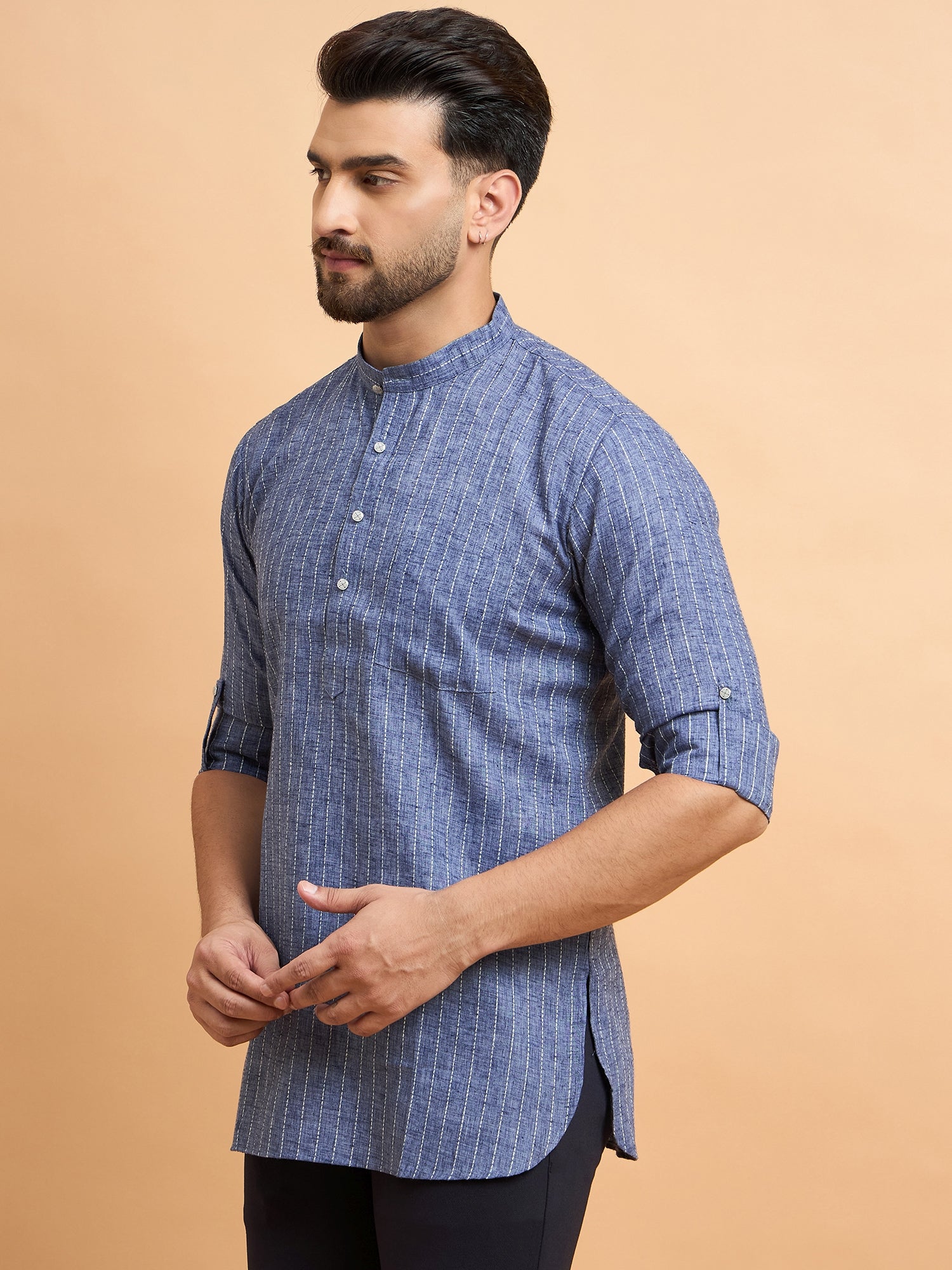 Grey Lining Cotton Linen Short Kurta Only
