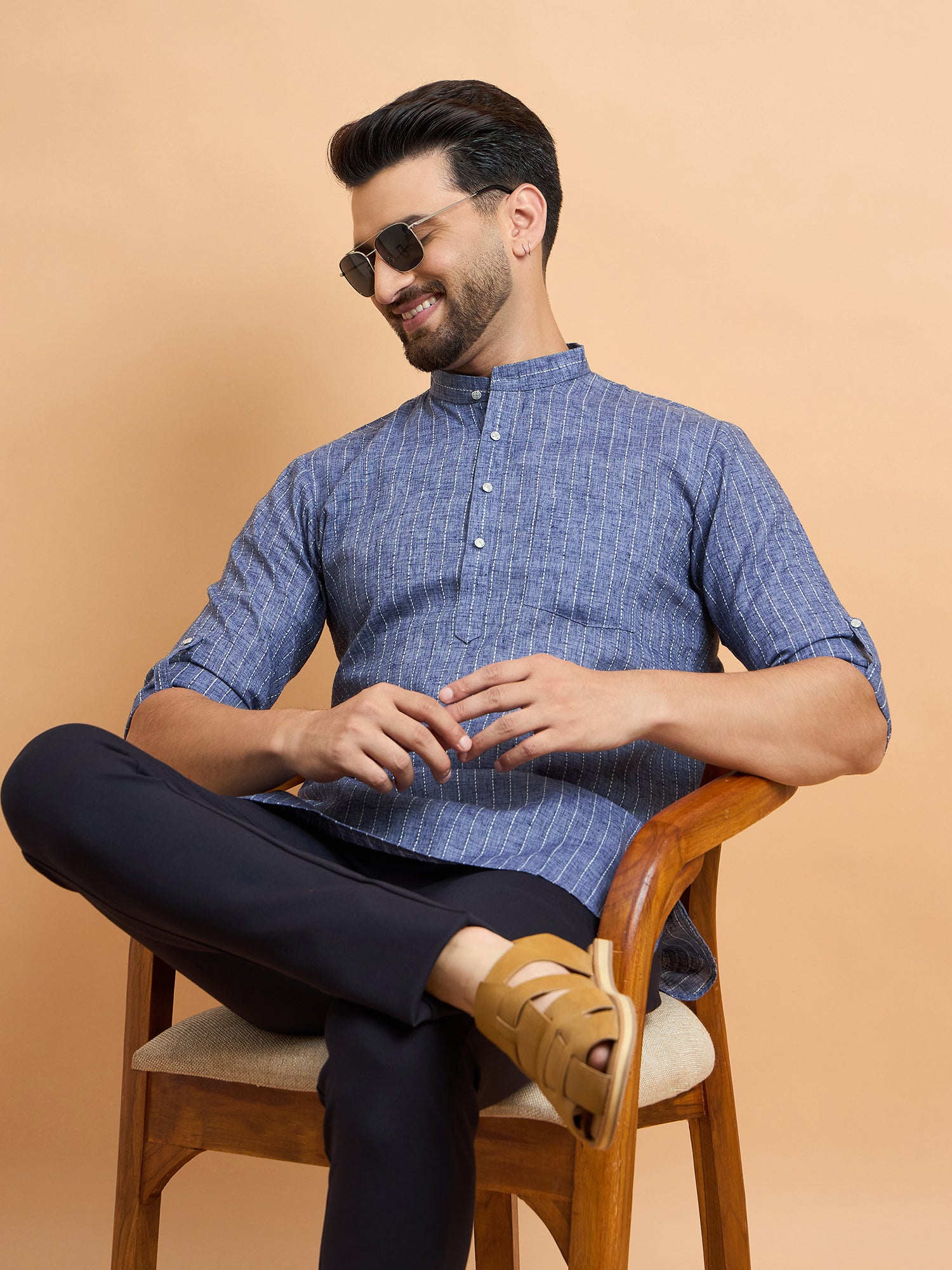 Grey Lining Cotton Linen Short Kurta Only