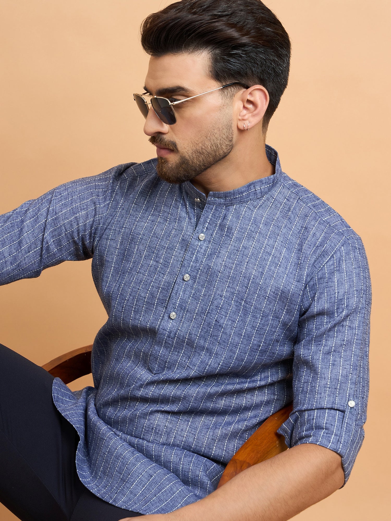 Grey Lining Cotton Linen Short Kurta Only