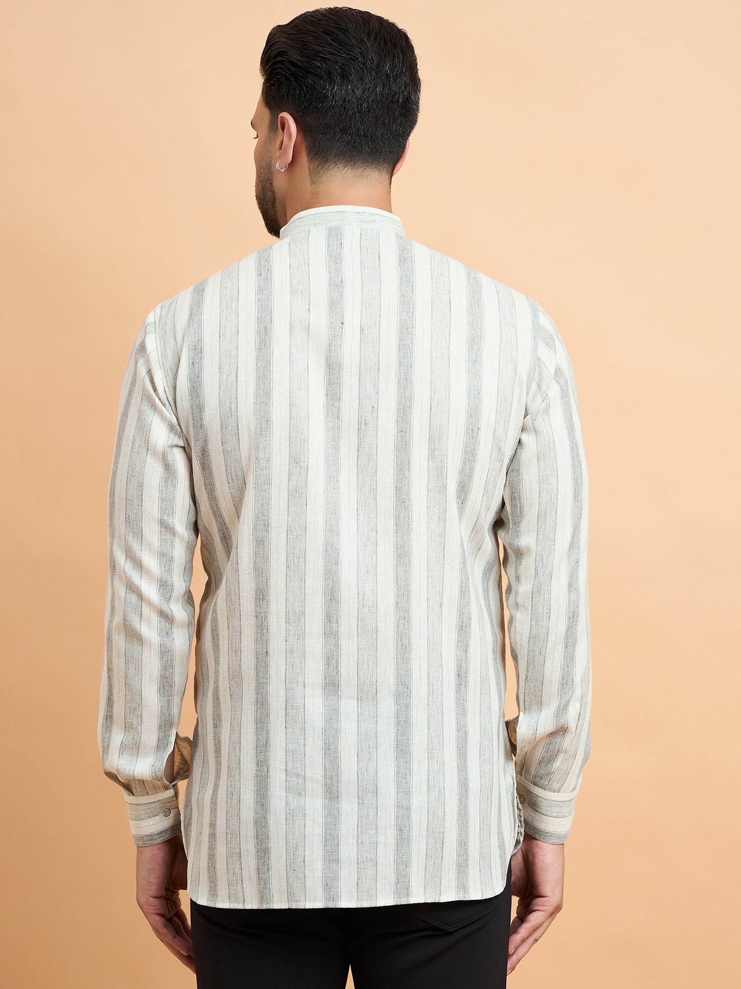 Beige Strips Cotton Linen Short Kurta Only