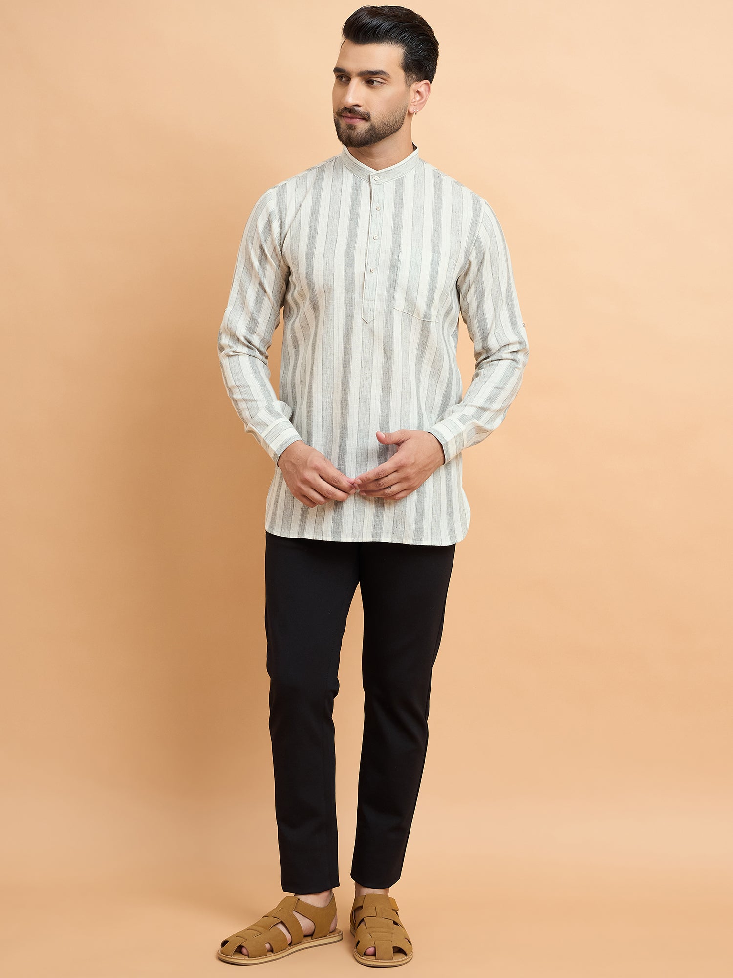 Beige Strips Cotton Linen Short Kurta Only