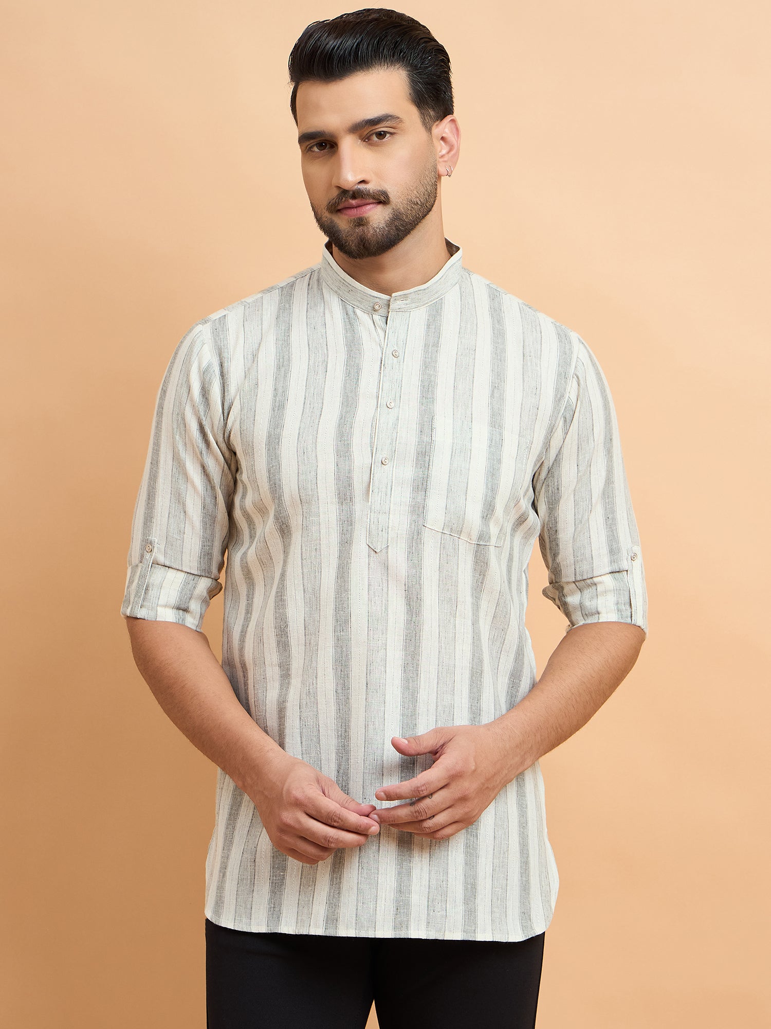 Beige Strips Cotton Linen Short Kurta Only
