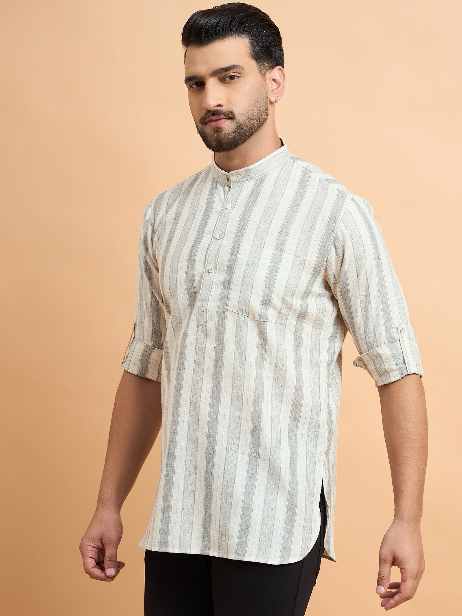 Beige Strips Cotton Linen Short Kurta Only