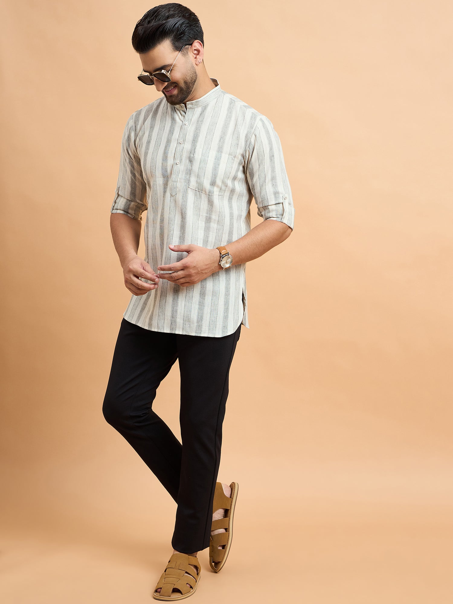 Beige Strips Cotton Linen Short Kurta Only