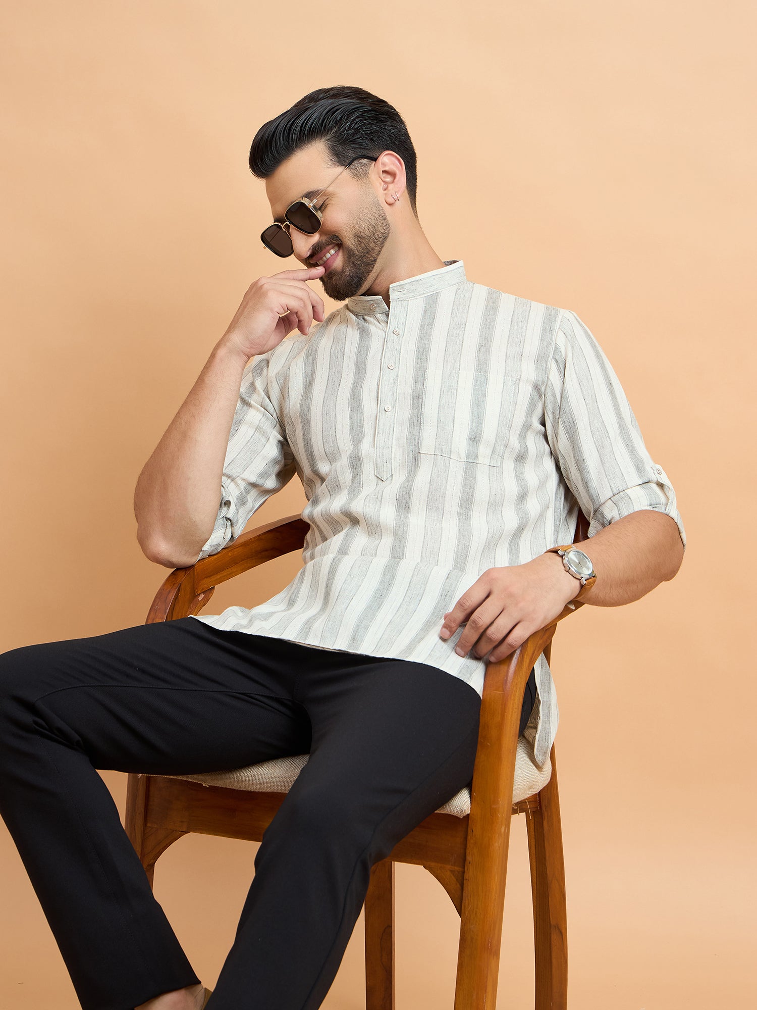 Beige Strips Cotton Linen Short Kurta Only