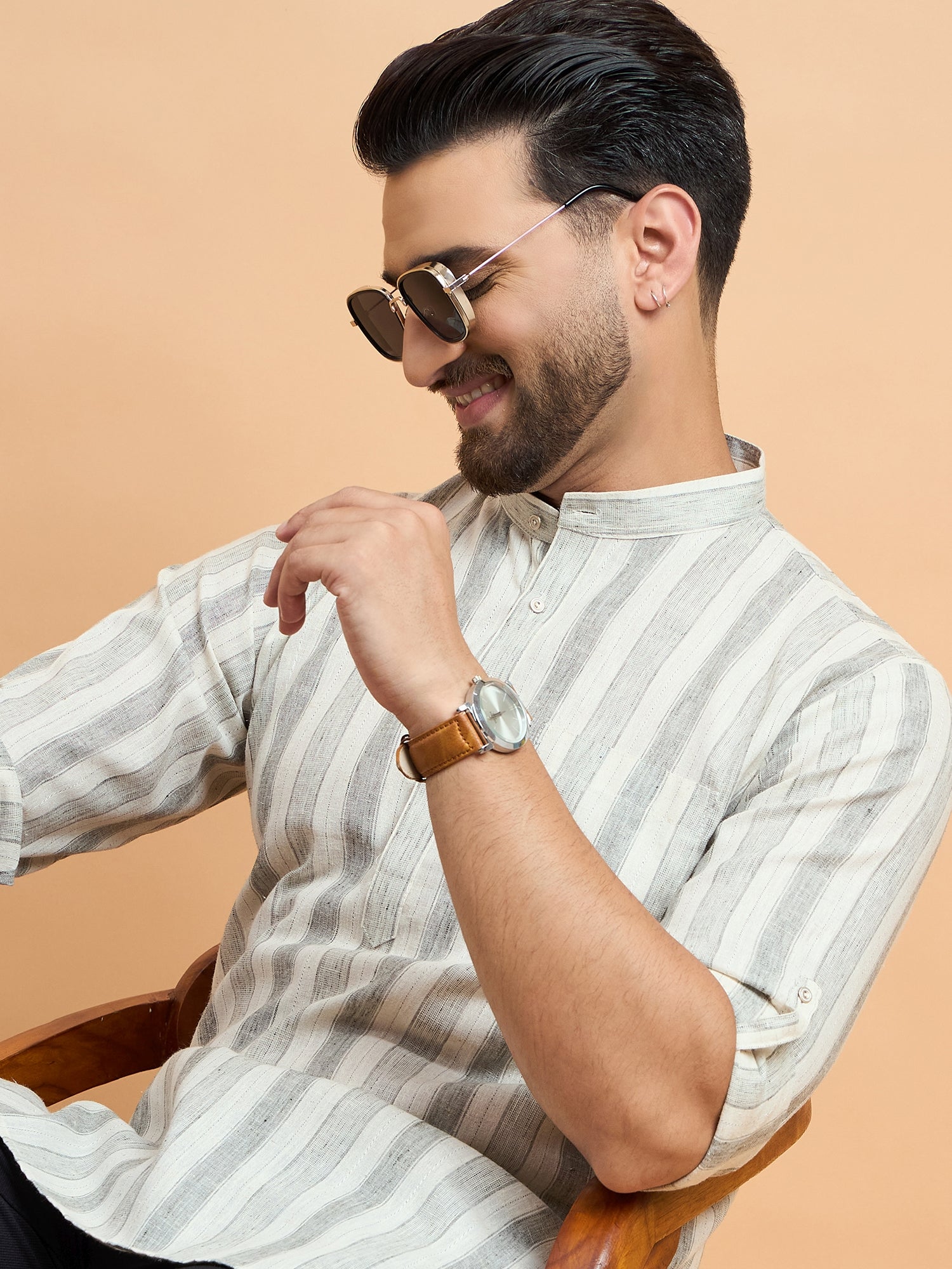 Beige Strips Cotton Linen Short Kurta Only