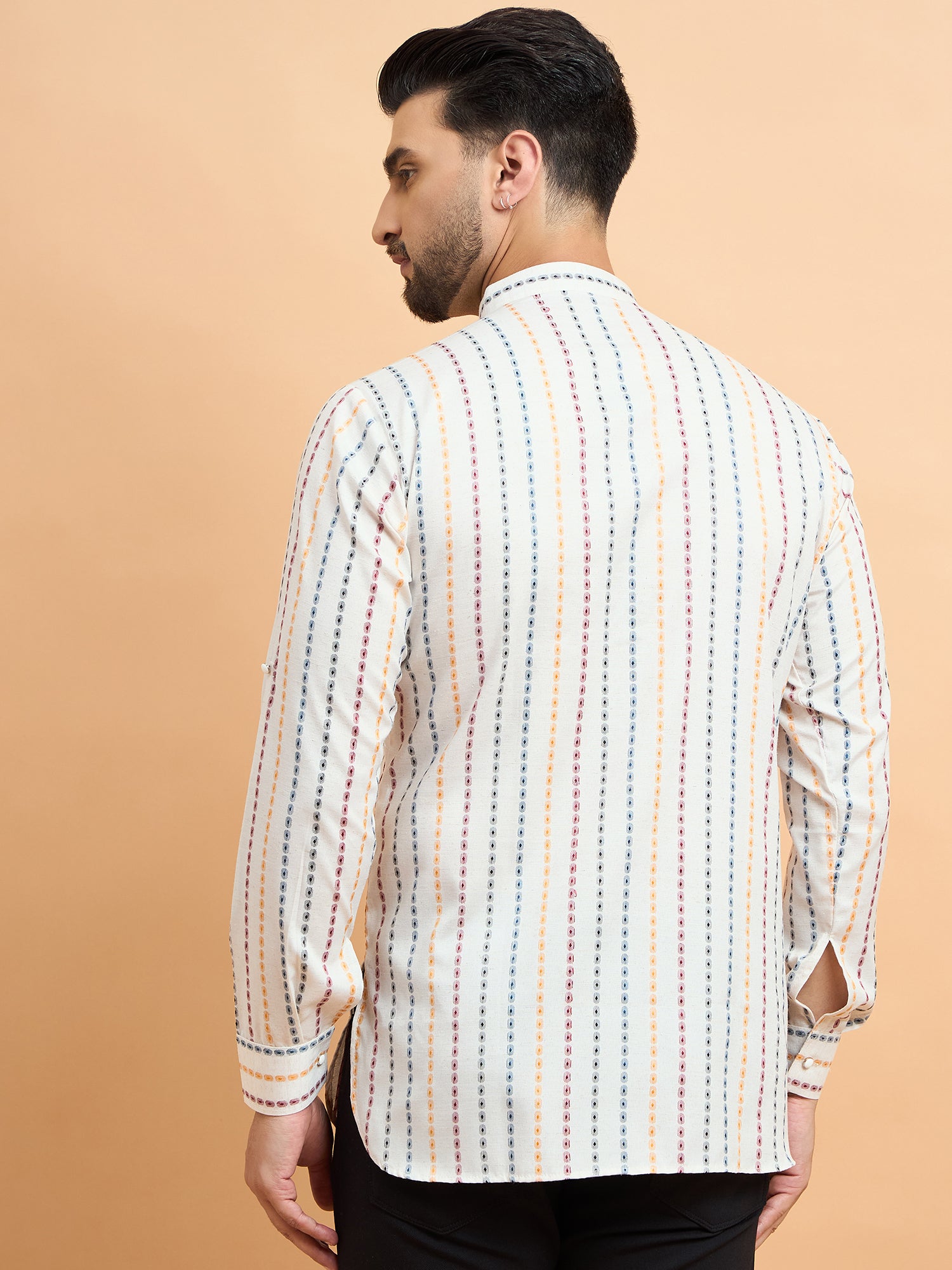 Cream Multi Strips Cotton Linen Short Kurta Only