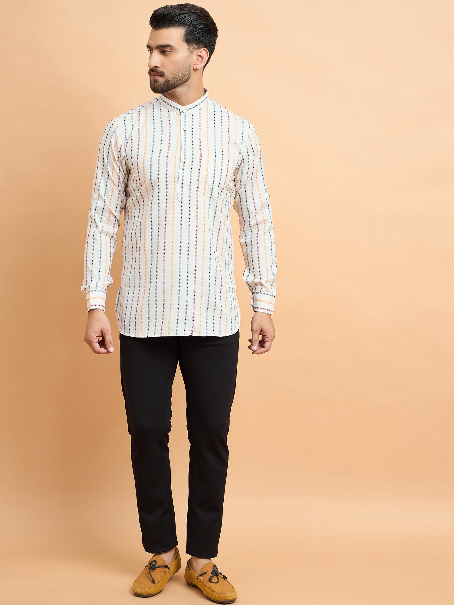 Cream Multi Strips Cotton Linen Short Kurta Only