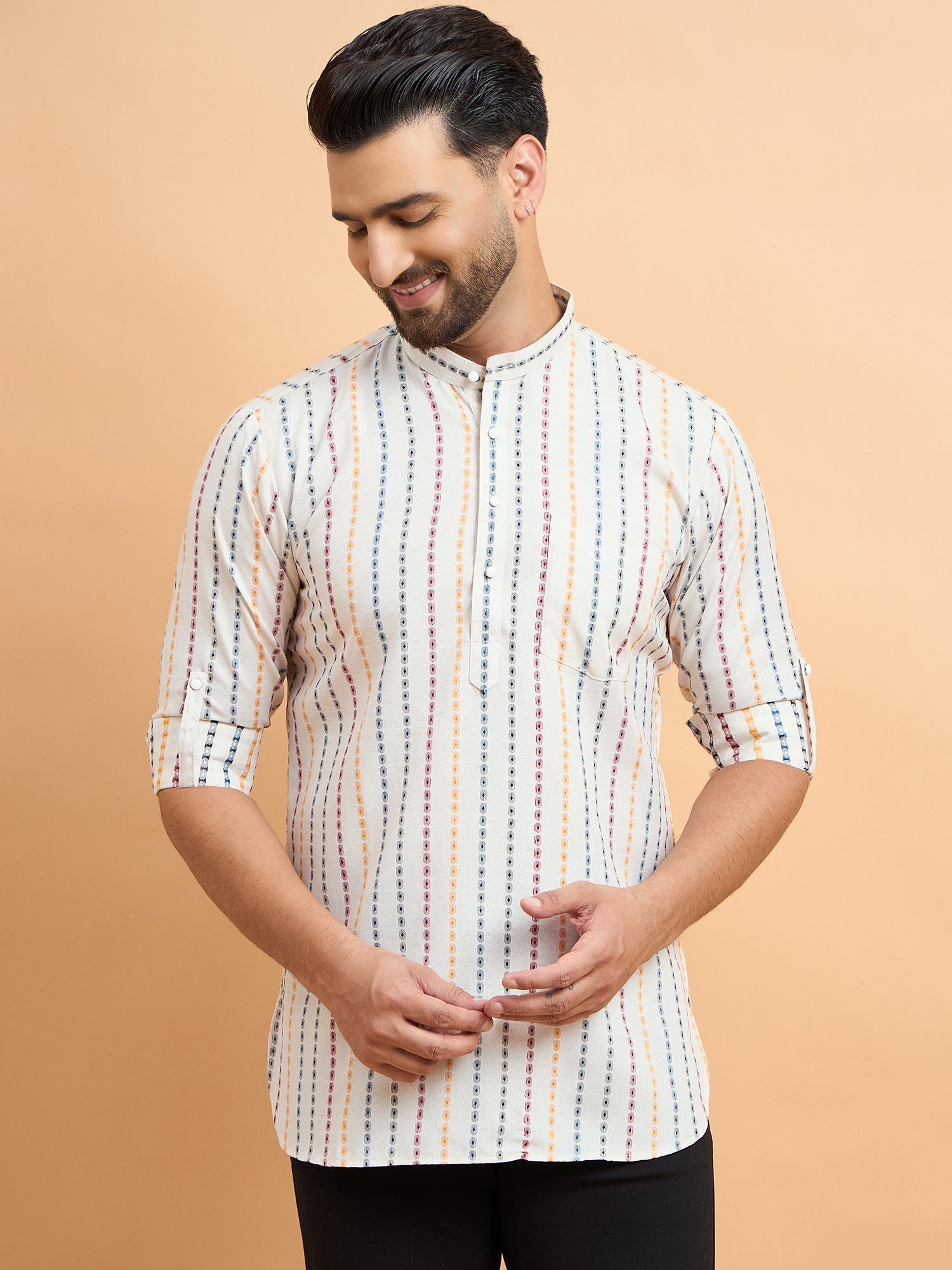 Cream Multi Strips Cotton Linen Short Kurta Only