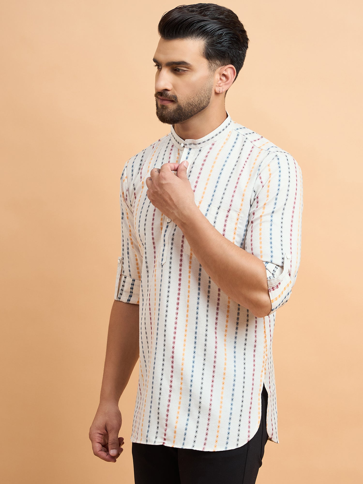Cream Multi Strips Cotton Linen Short Kurta Only