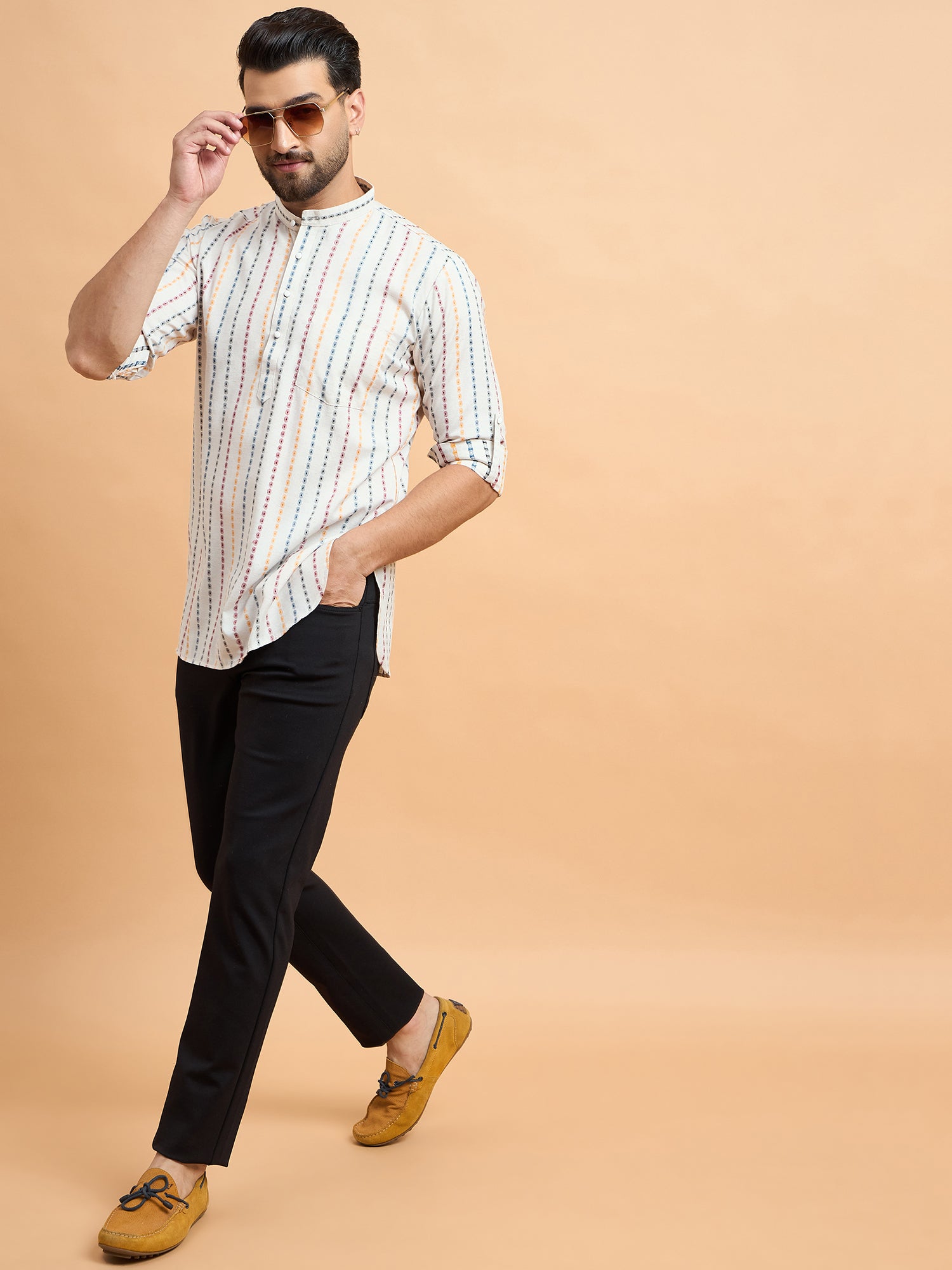 Cream Multi Strips Cotton Linen Short Kurta Only