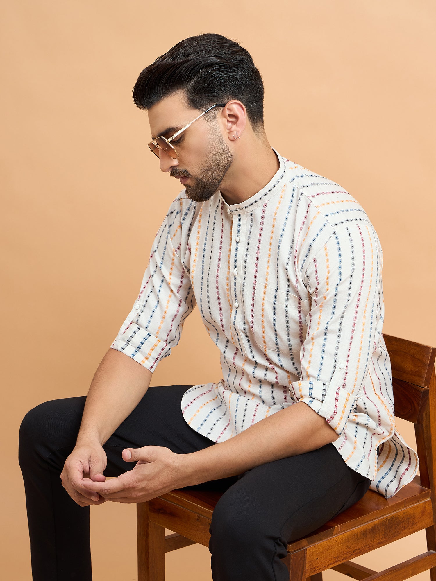 Cream Multi Strips Cotton Linen Short Kurta Only