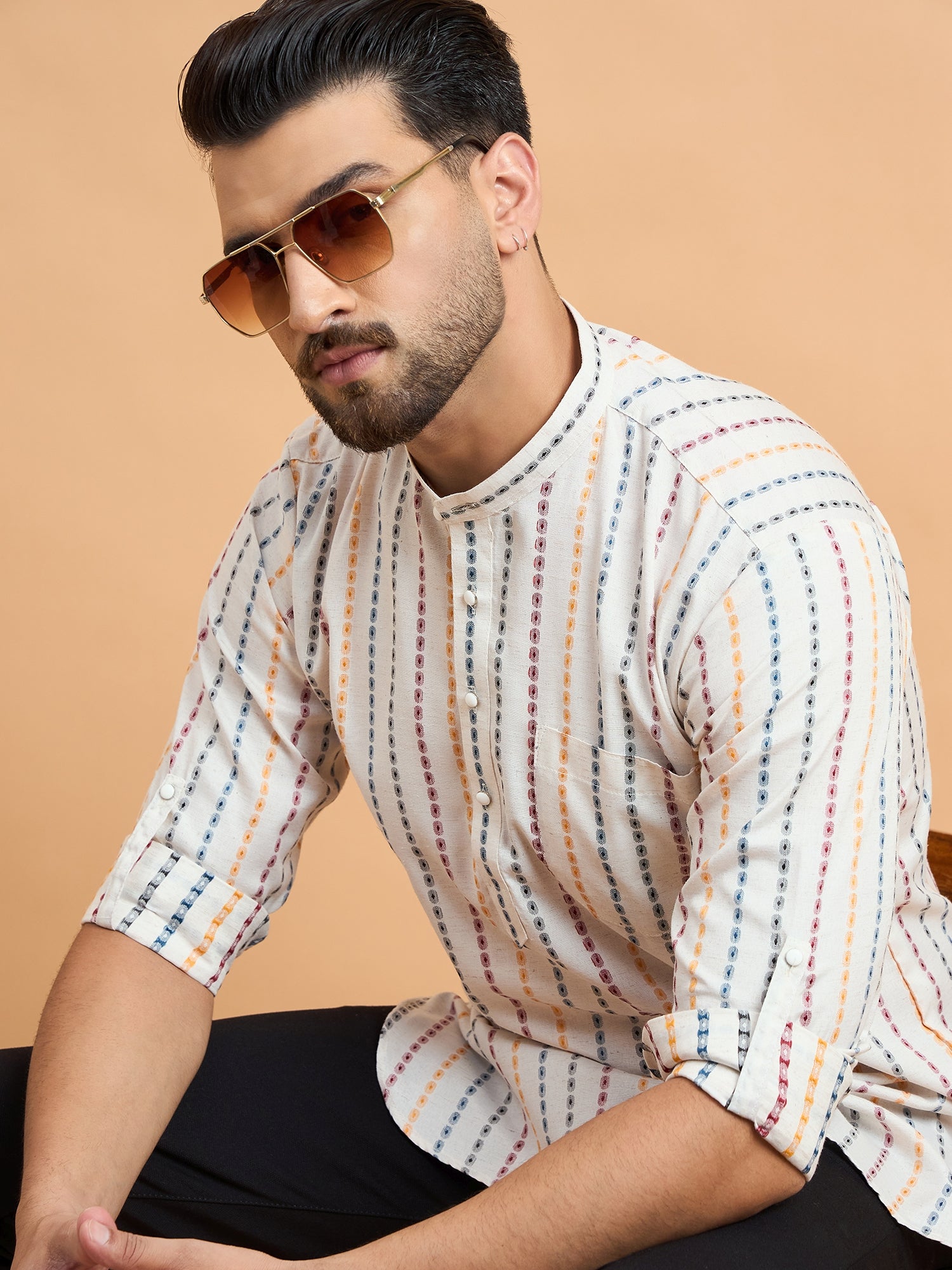 Cream Multi Strips Cotton Linen Short Kurta Only