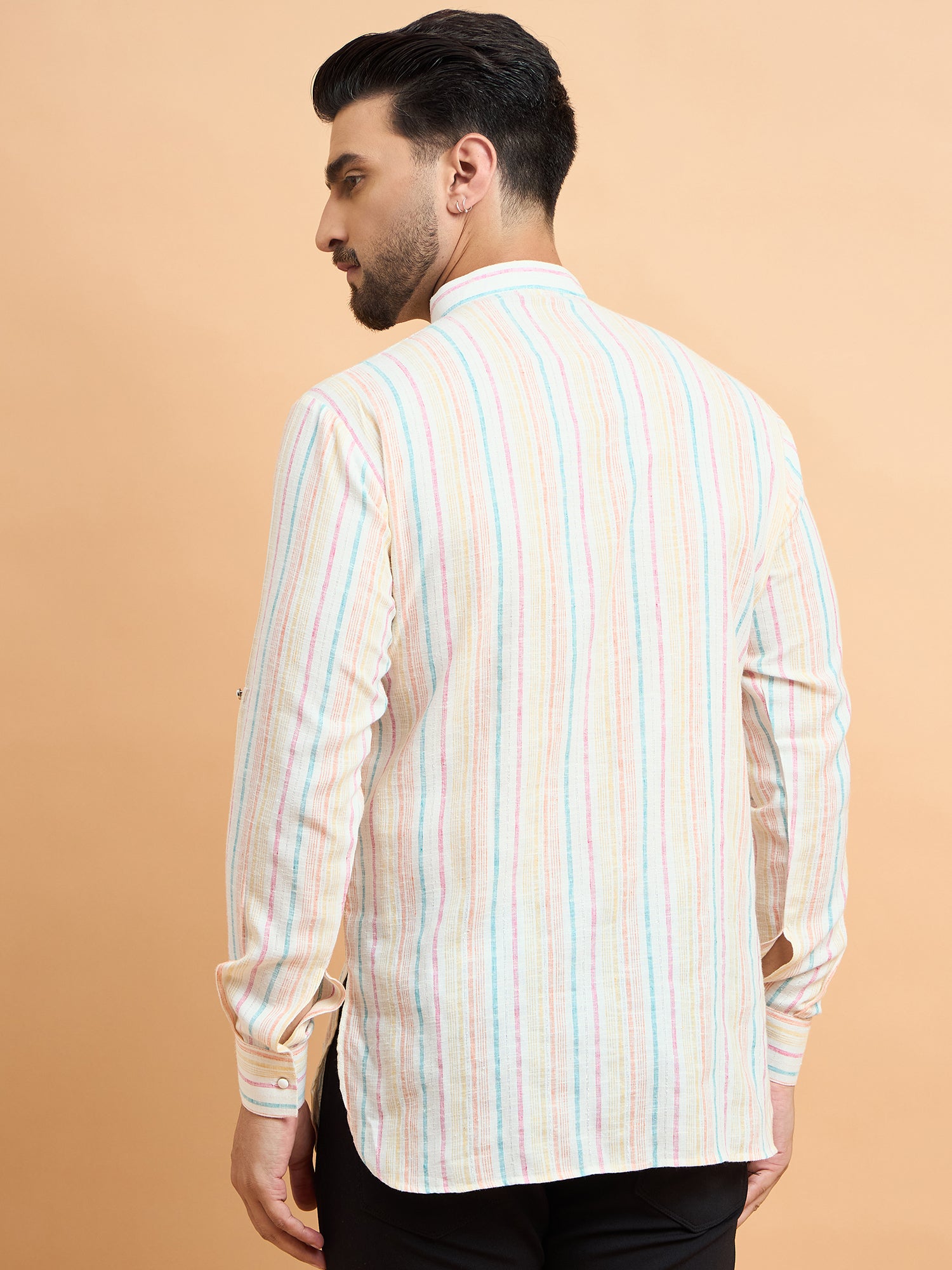 Off White Stripped Cotton Linen Short Kurta Only