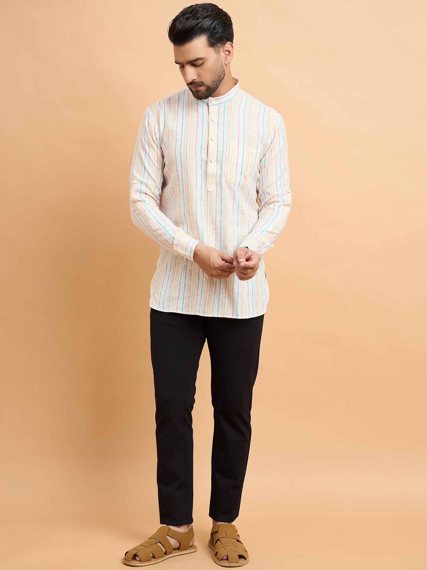 Off White Stripped Cotton Linen Short Kurta Only