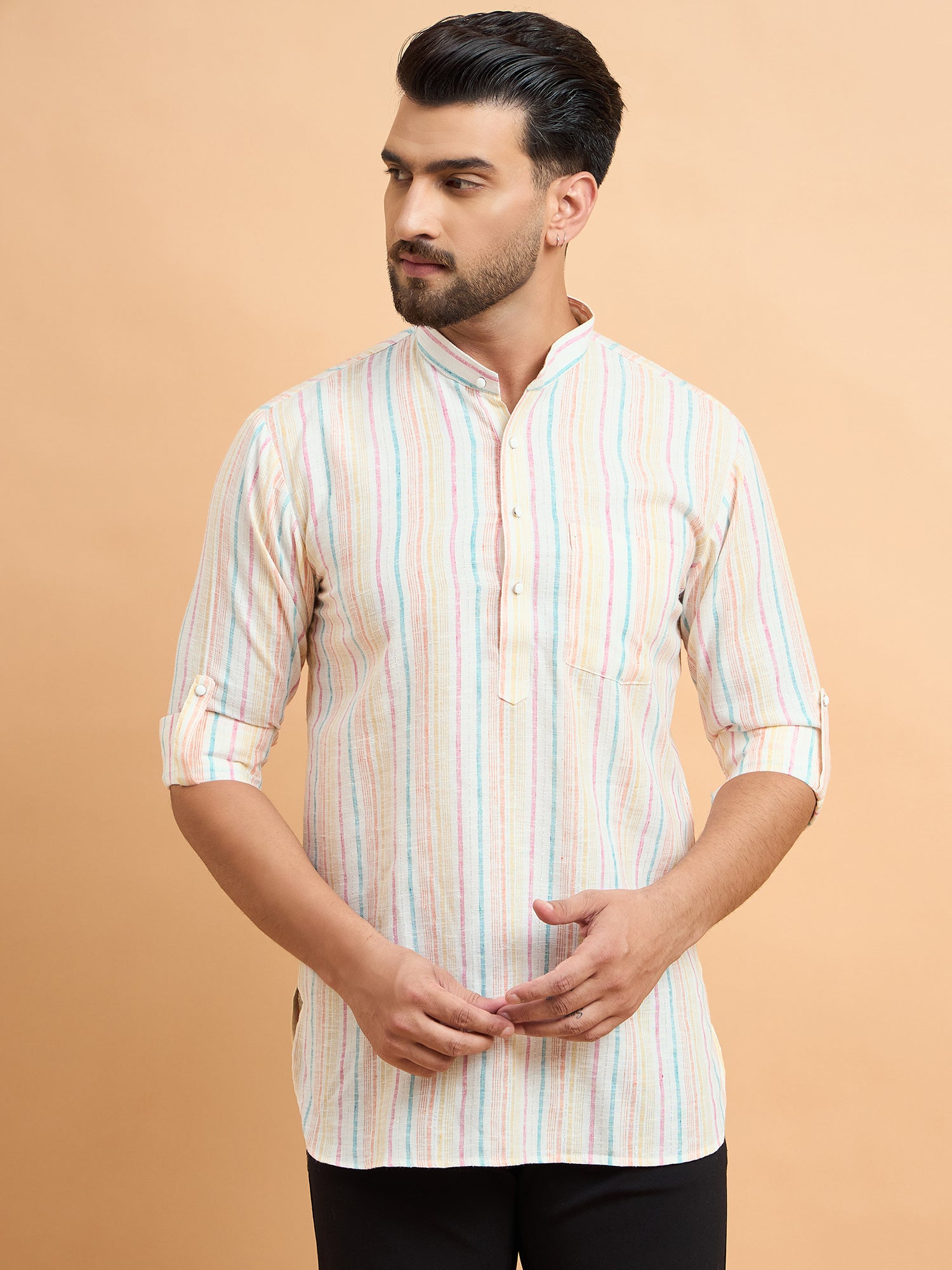 Off White Stripped Cotton Linen Short Kurta Only