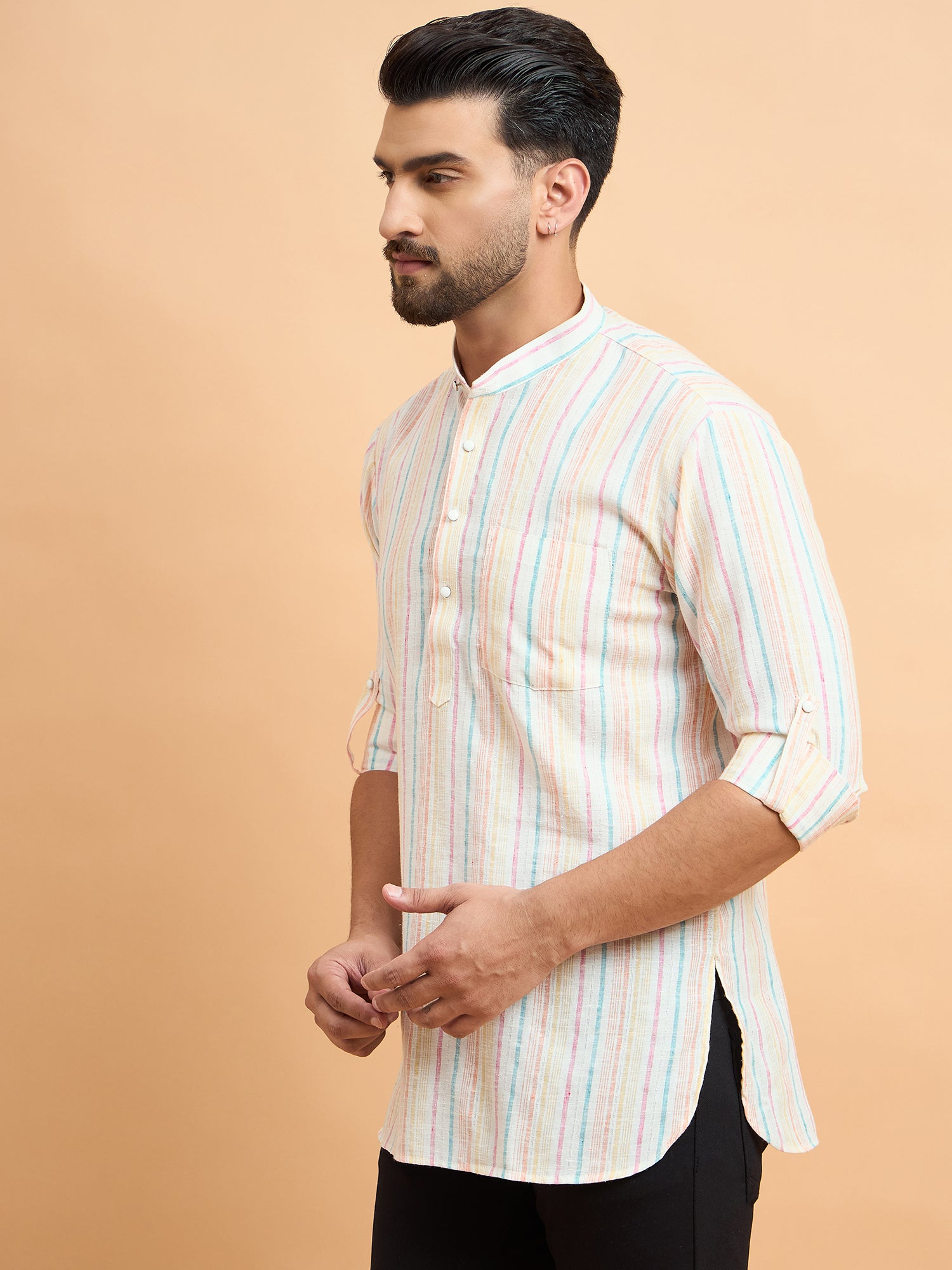 Off White Stripped Cotton Linen Short Kurta Only