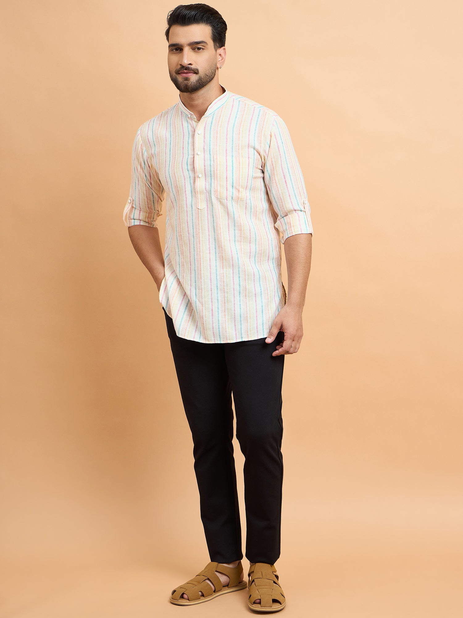 Off White Stripped Cotton Linen Short Kurta Only