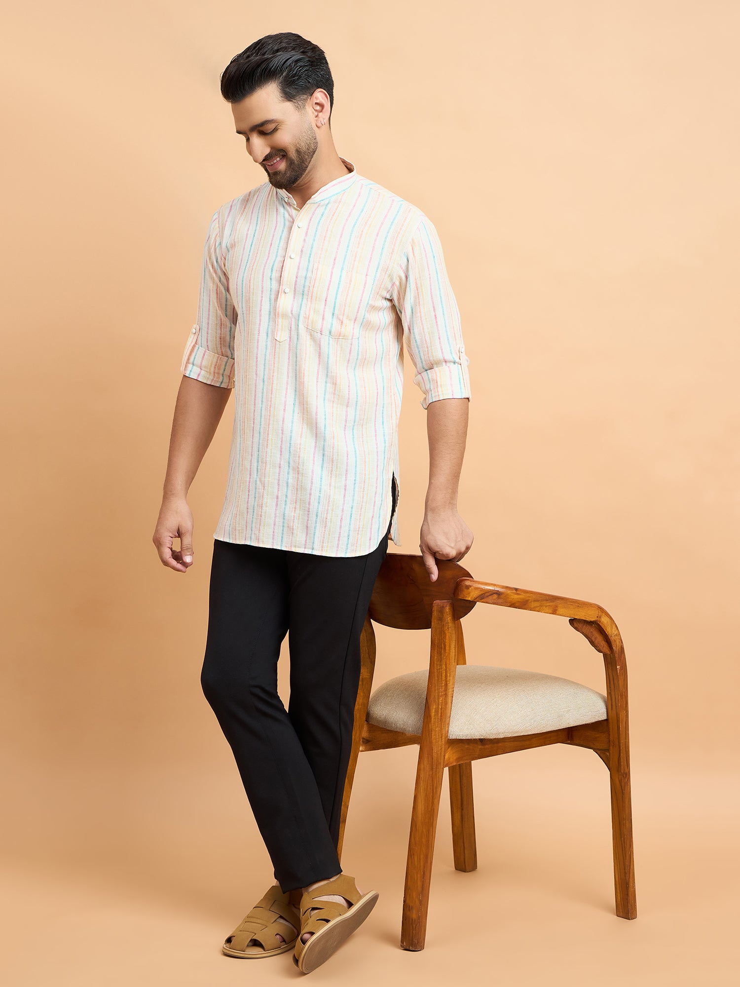Off White Stripped Cotton Linen Short Kurta Only