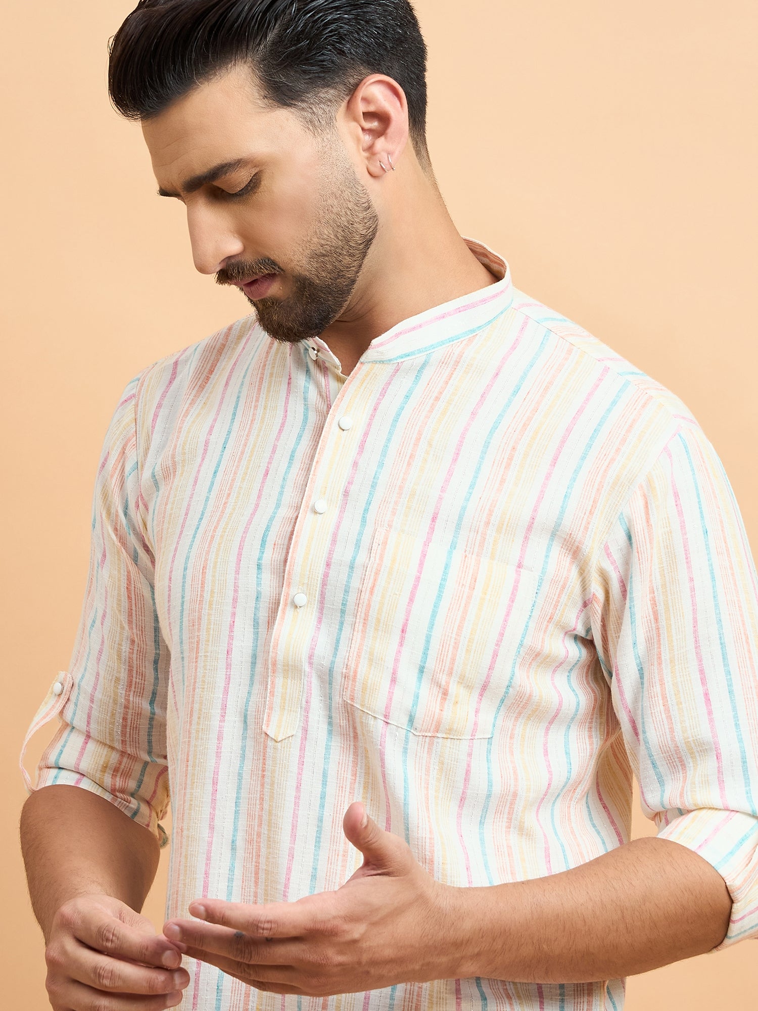 Off White Stripped Cotton Linen Short Kurta Only