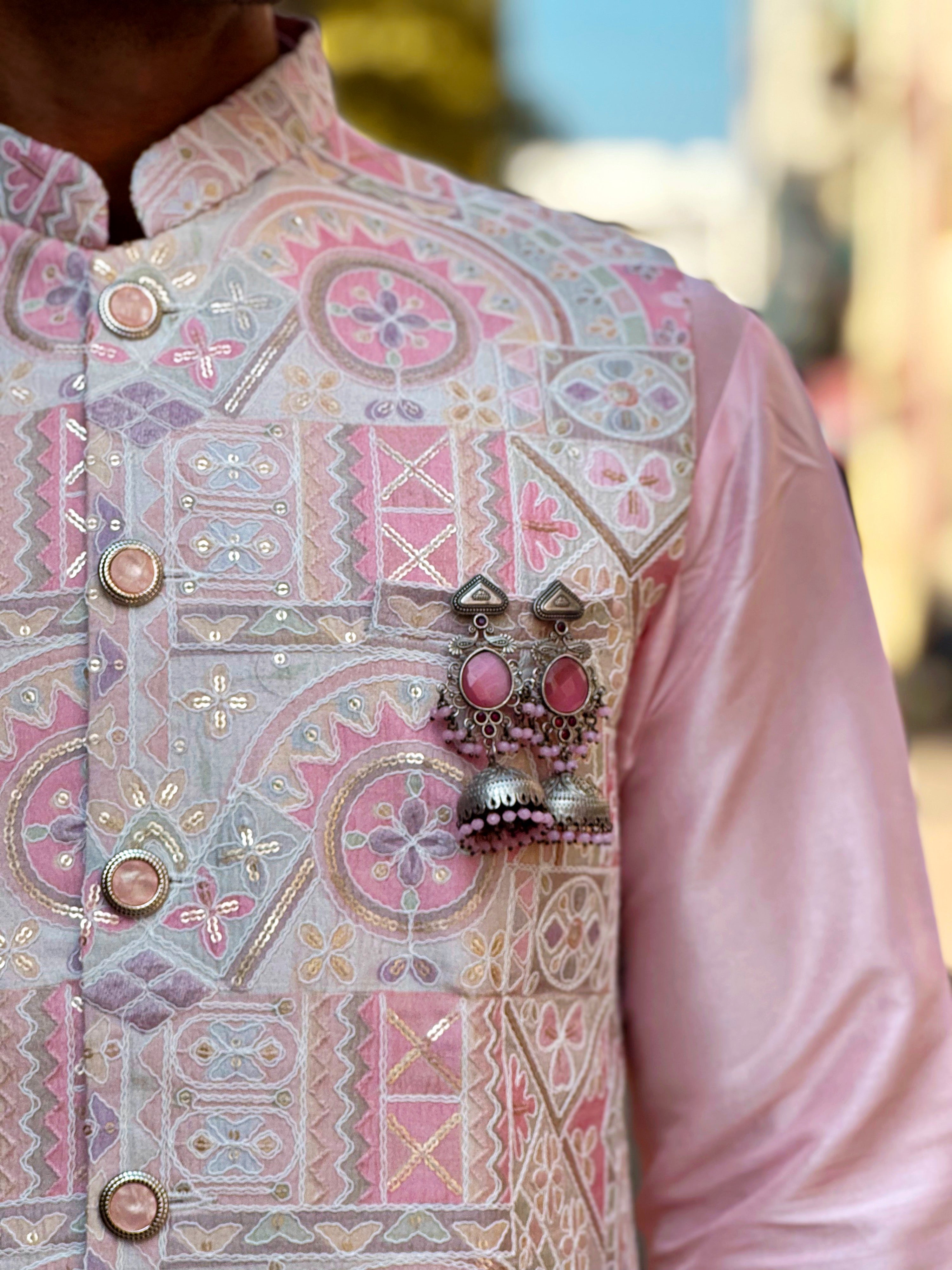 Men Pink Position Print Kurta Jacket Trouser Set