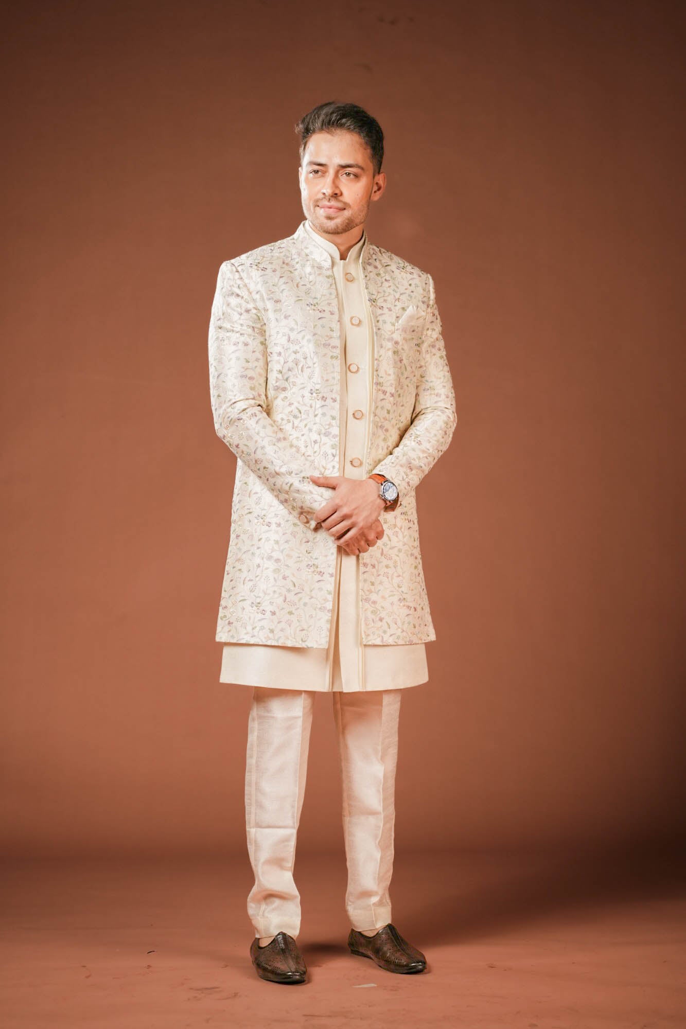 Cream Multi Threadwork Indowestern Set
