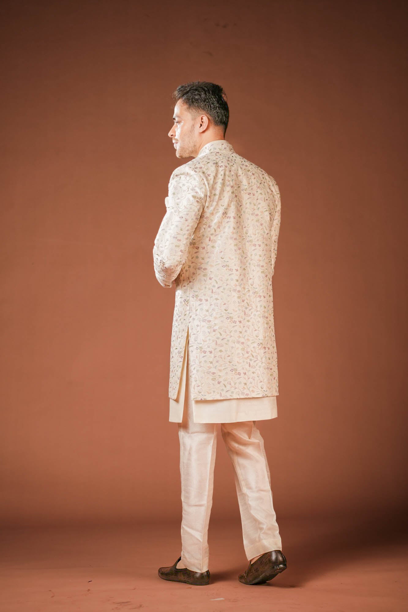 Cream Multi Threadwork Indowestern Set