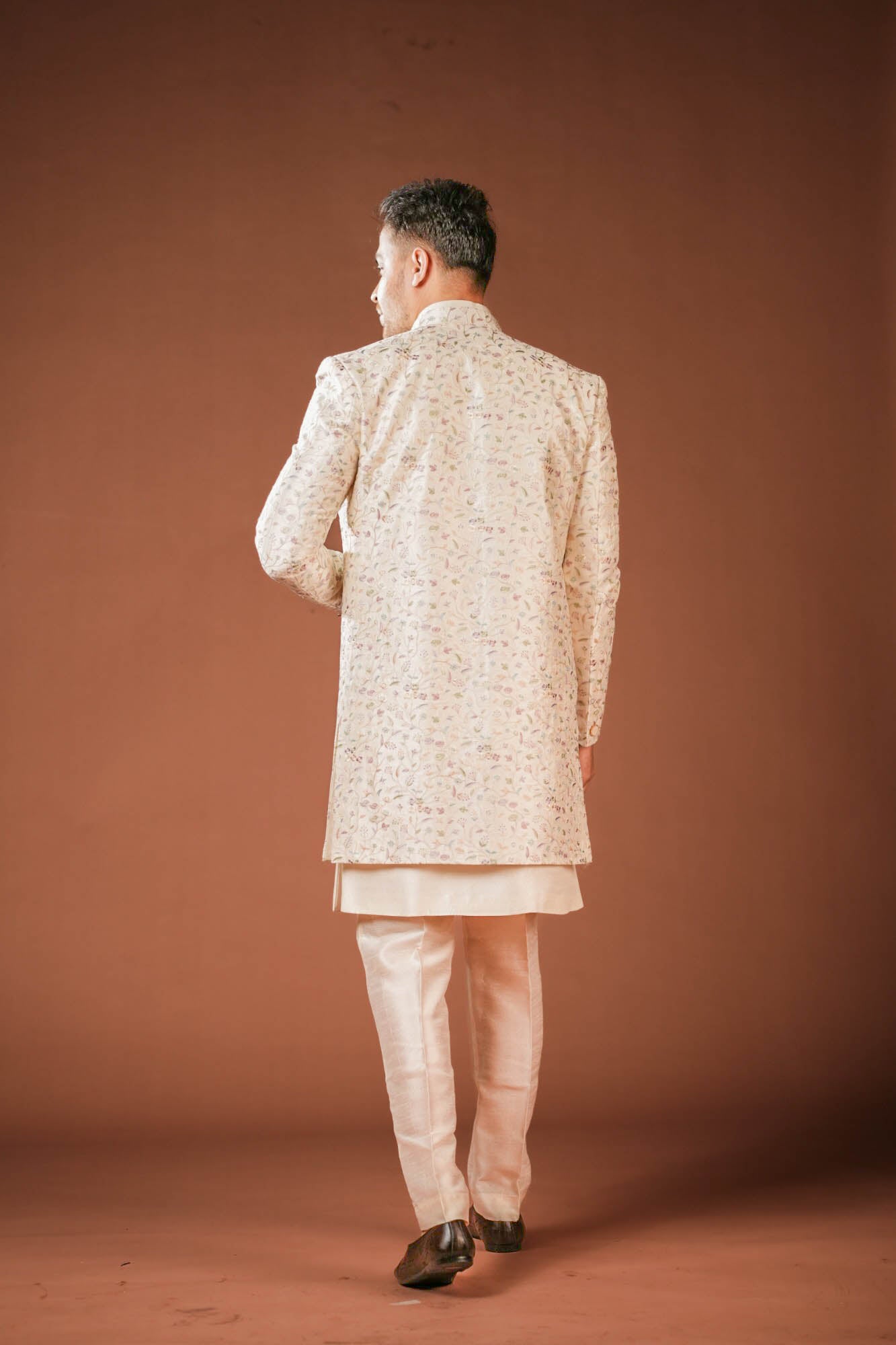 Cream Multi Threadwork Indowestern Set