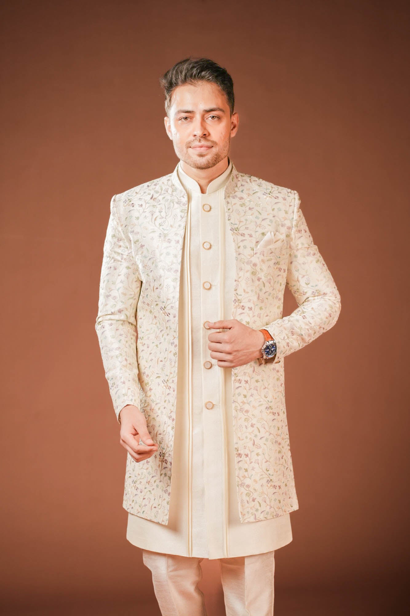 Cream Multi Threadwork Indowestern Set