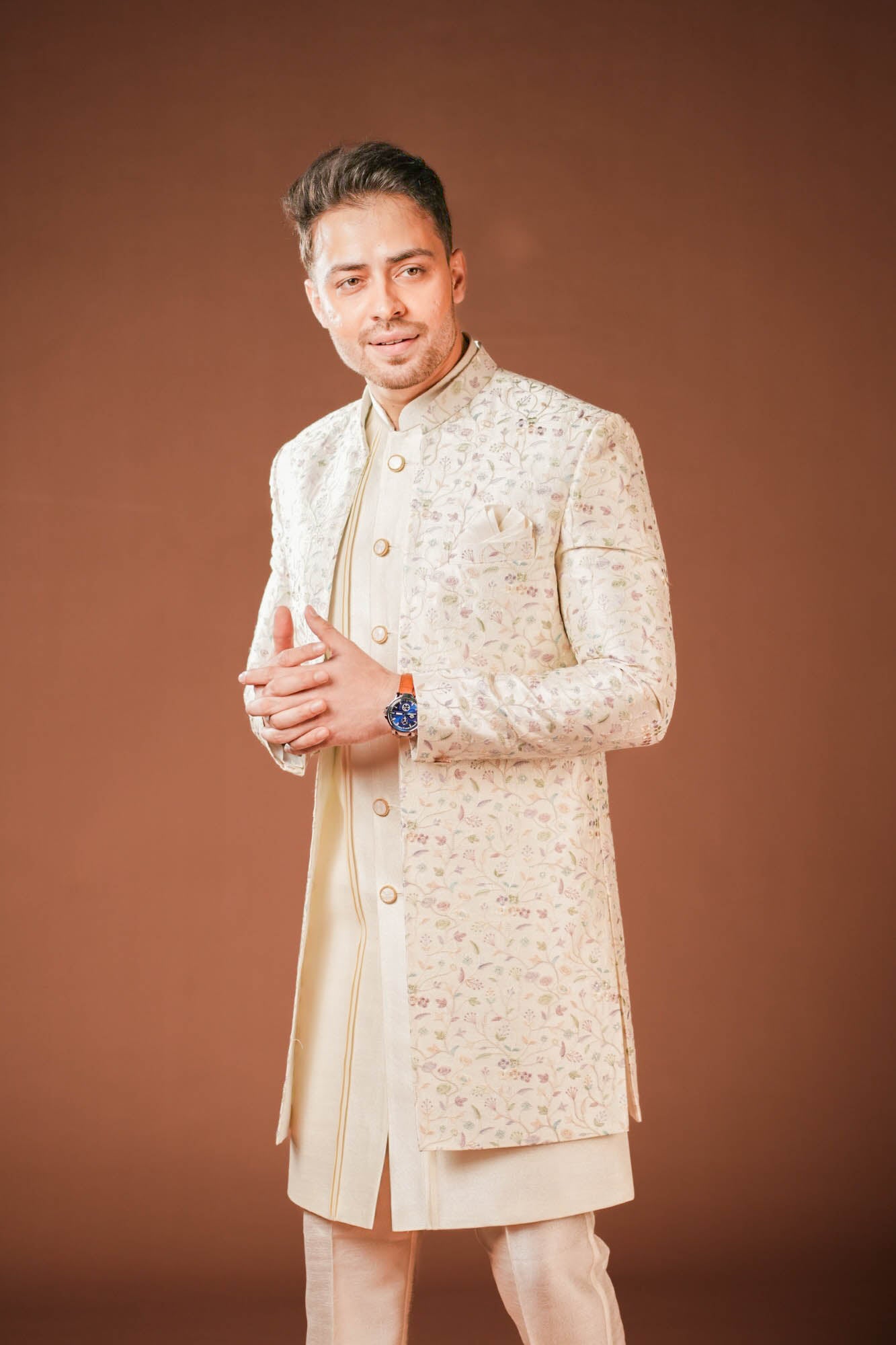 Cream Multi Threadwork Indowestern Set