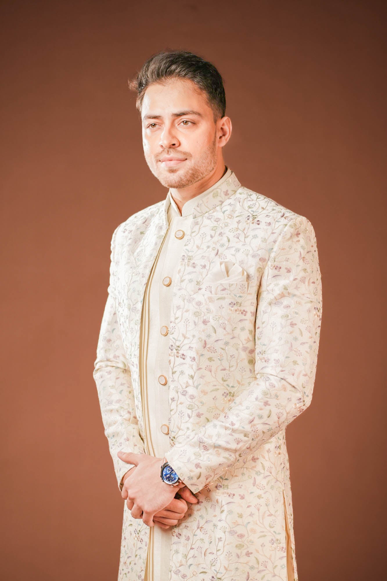 Cream Multi Threadwork Indowestern Set