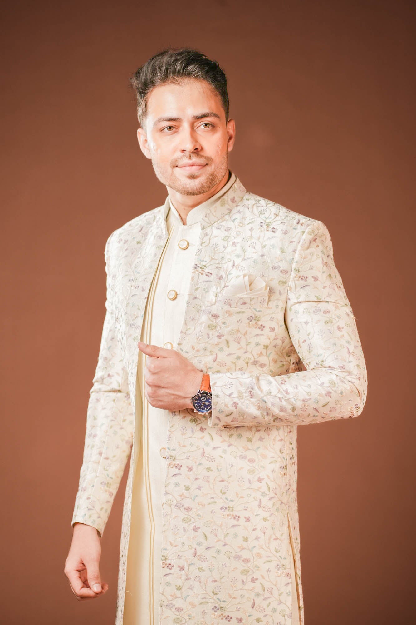 Cream Multi Threadwork Indowestern Set