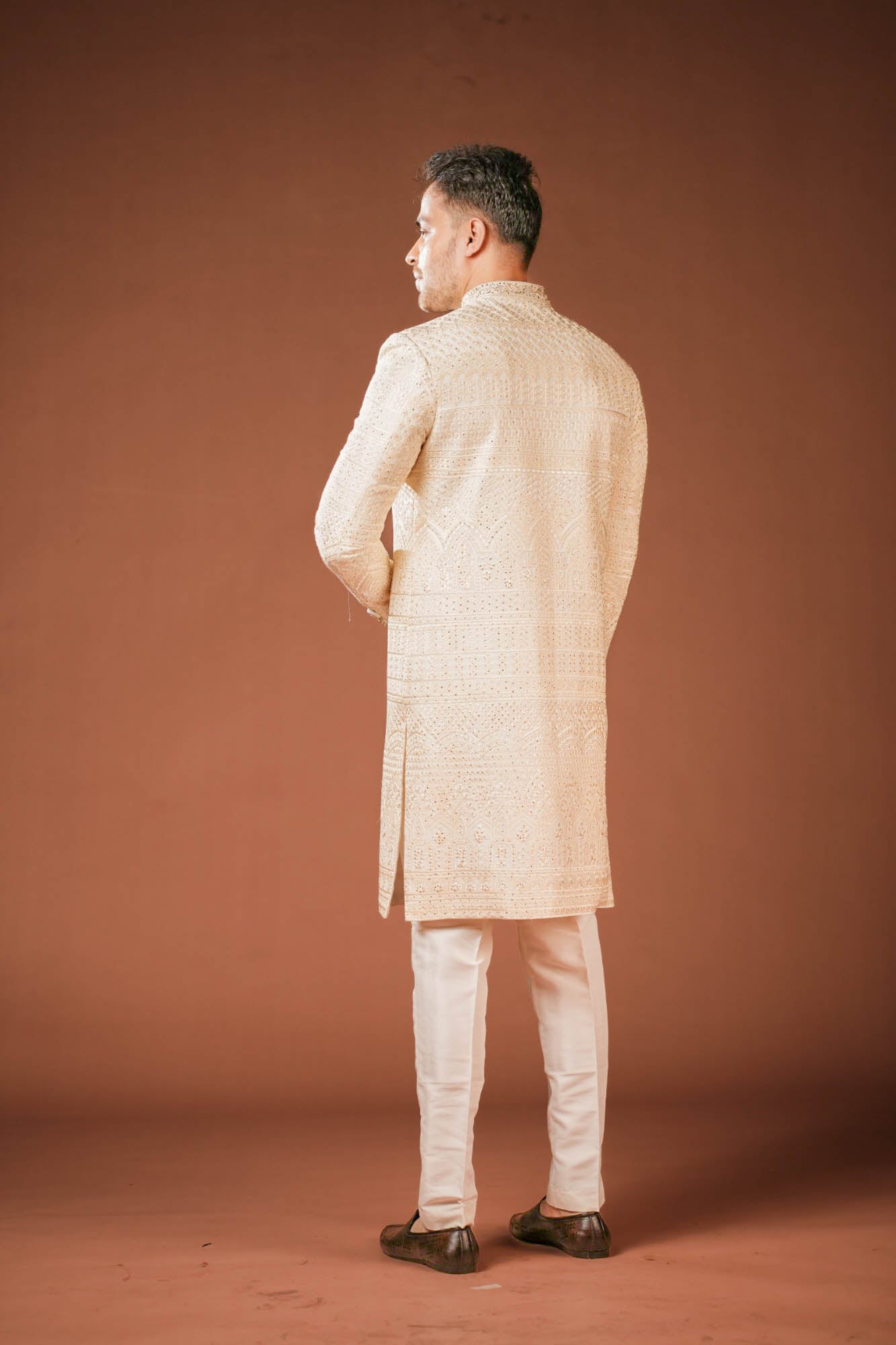 Cream Georgette Lucknowi Threadwork Sherwani with Handwork