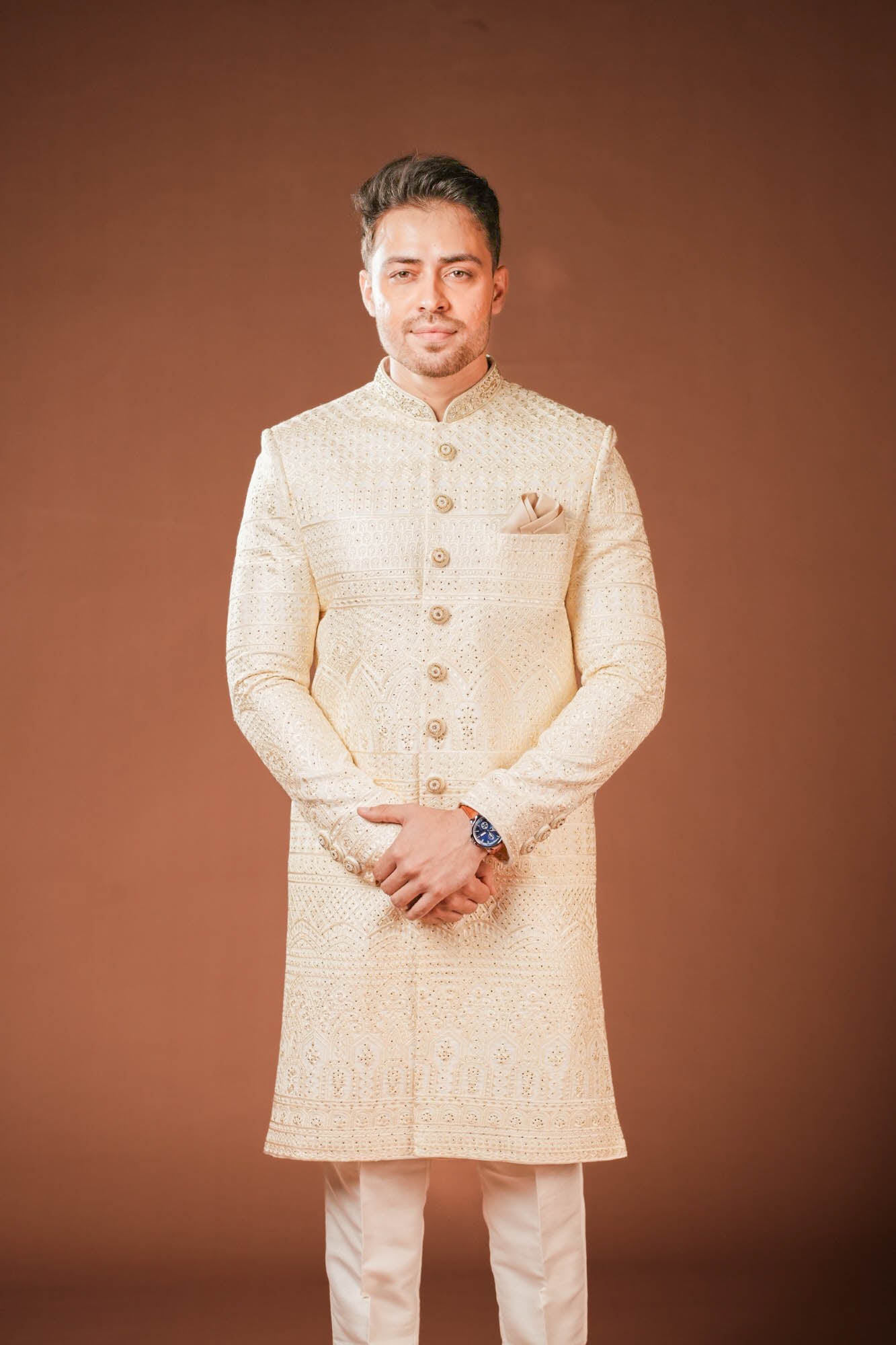 Cream Georgette Lucknowi Threadwork Sherwani with Handwork