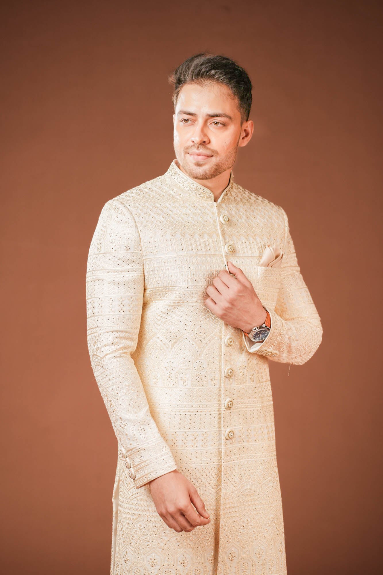 Cream Georgette Lucknowi Threadwork Sherwani with Handwork